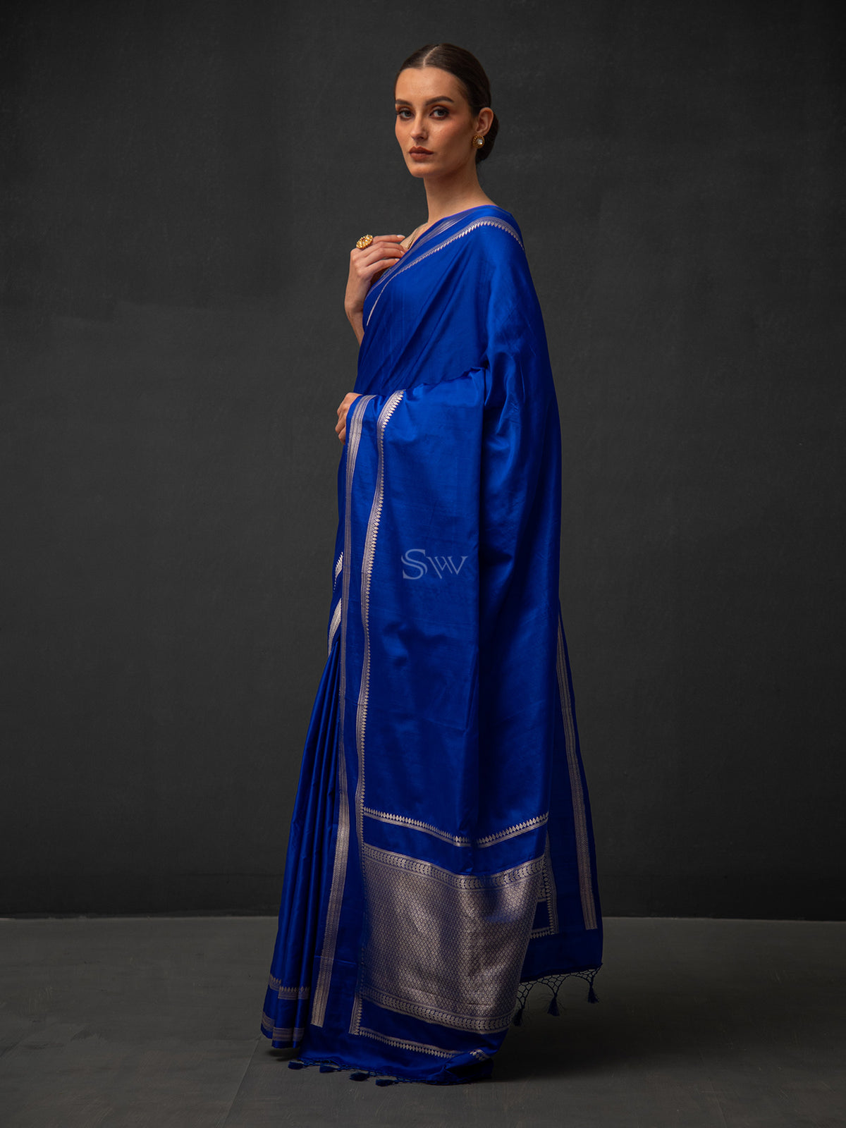 Royal Blue Plain Satin Silk Handloom Banarasi Saree - Sacred Weaves