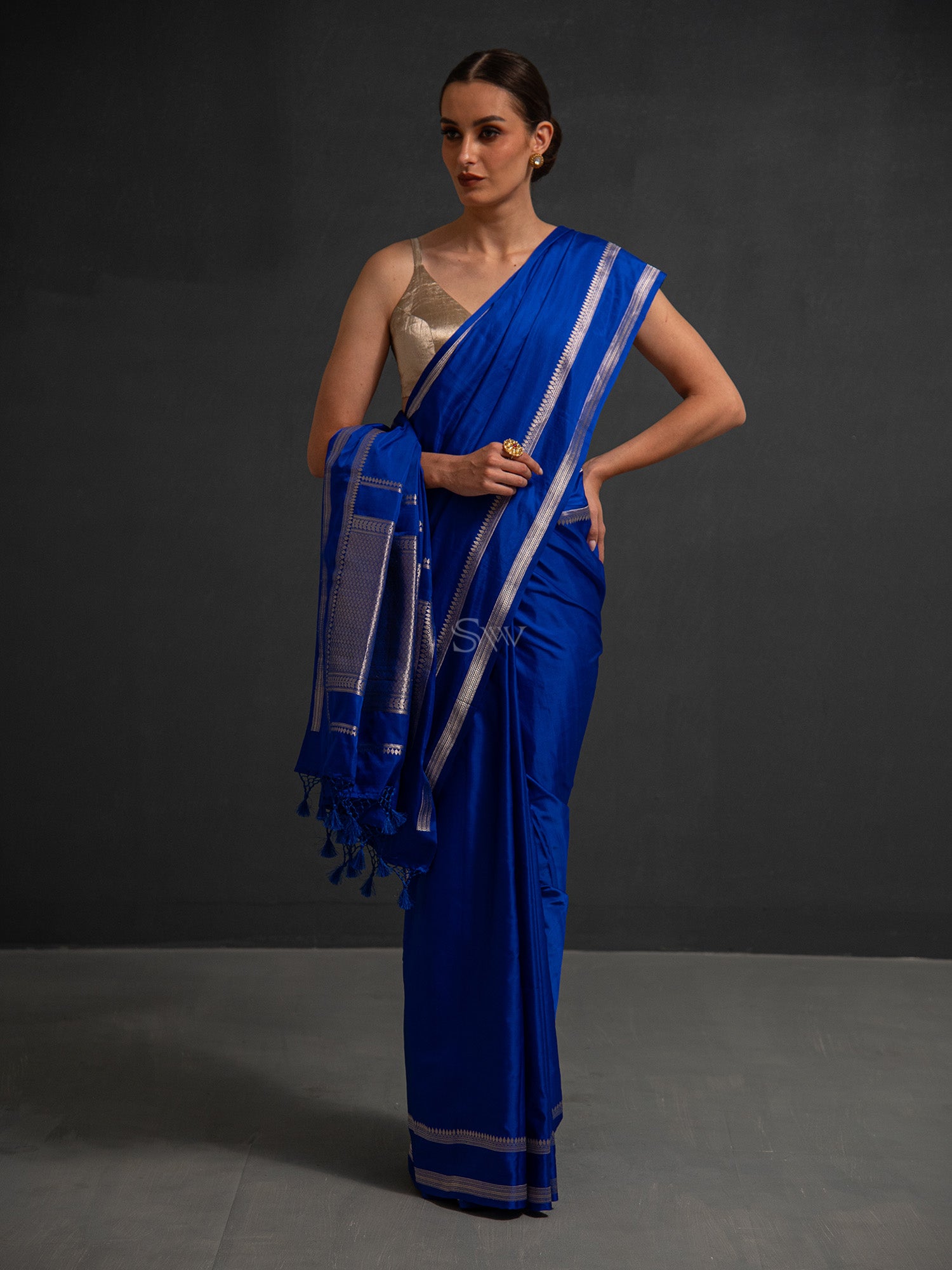 Royal Blue Plain Satin Silk Handloom Banarasi Saree - Sacred Weaves