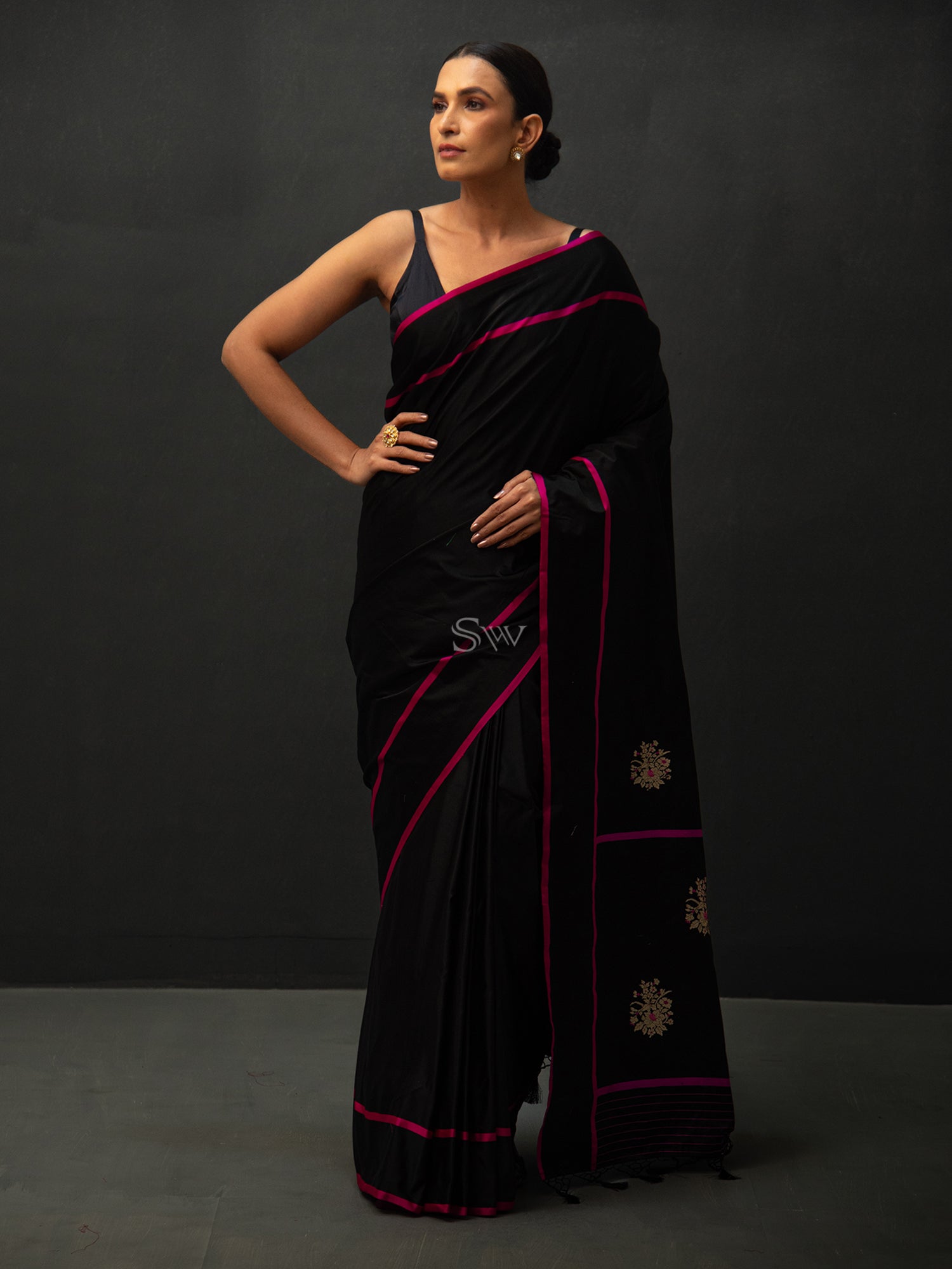 Black Meenakari Boota Satin Silk Handloom Banarasi Saree - Sacred Weaves