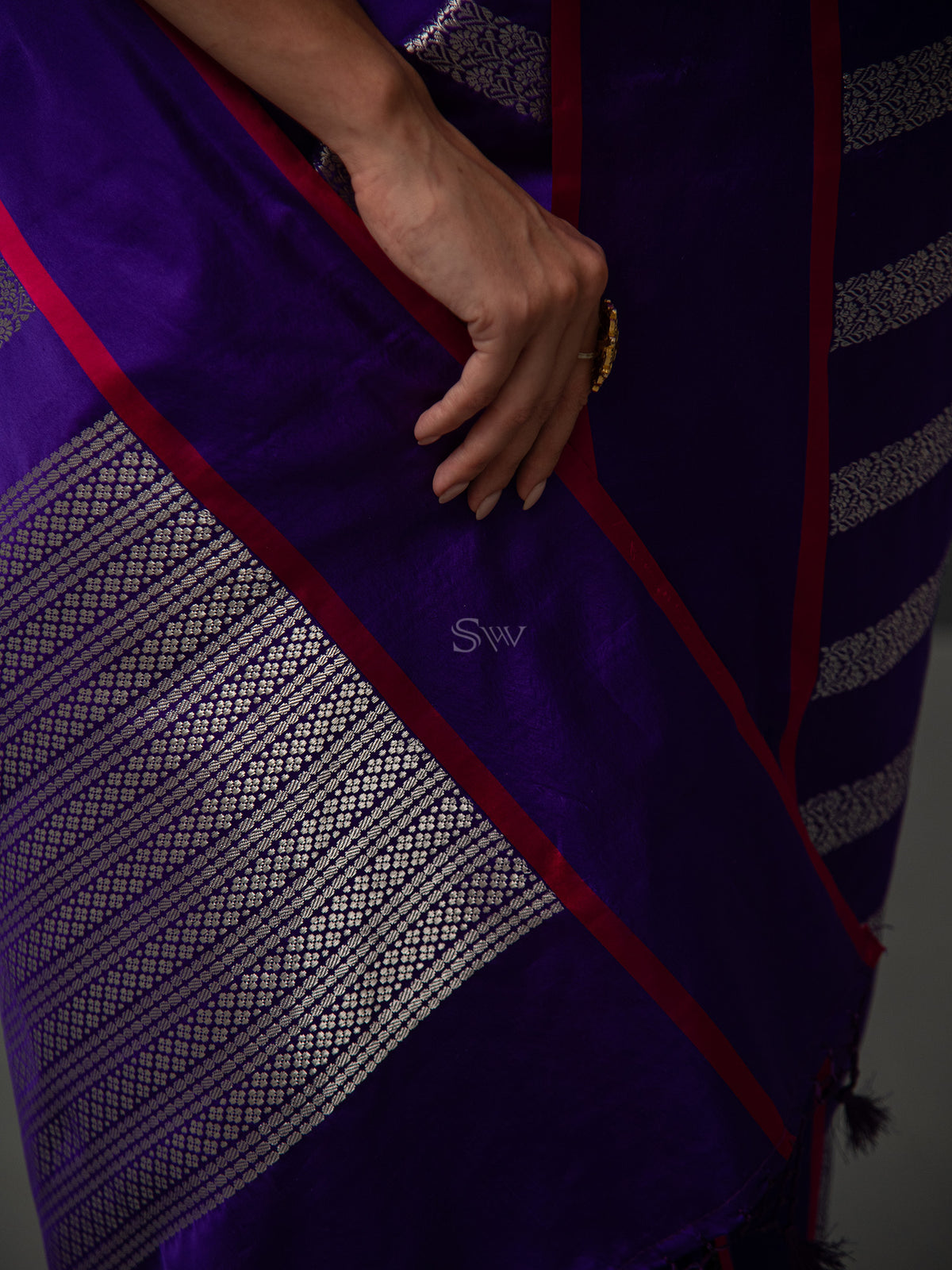 Purple Stripe Satin Silk Handloom Banarasi Saree - Sacred Weaves