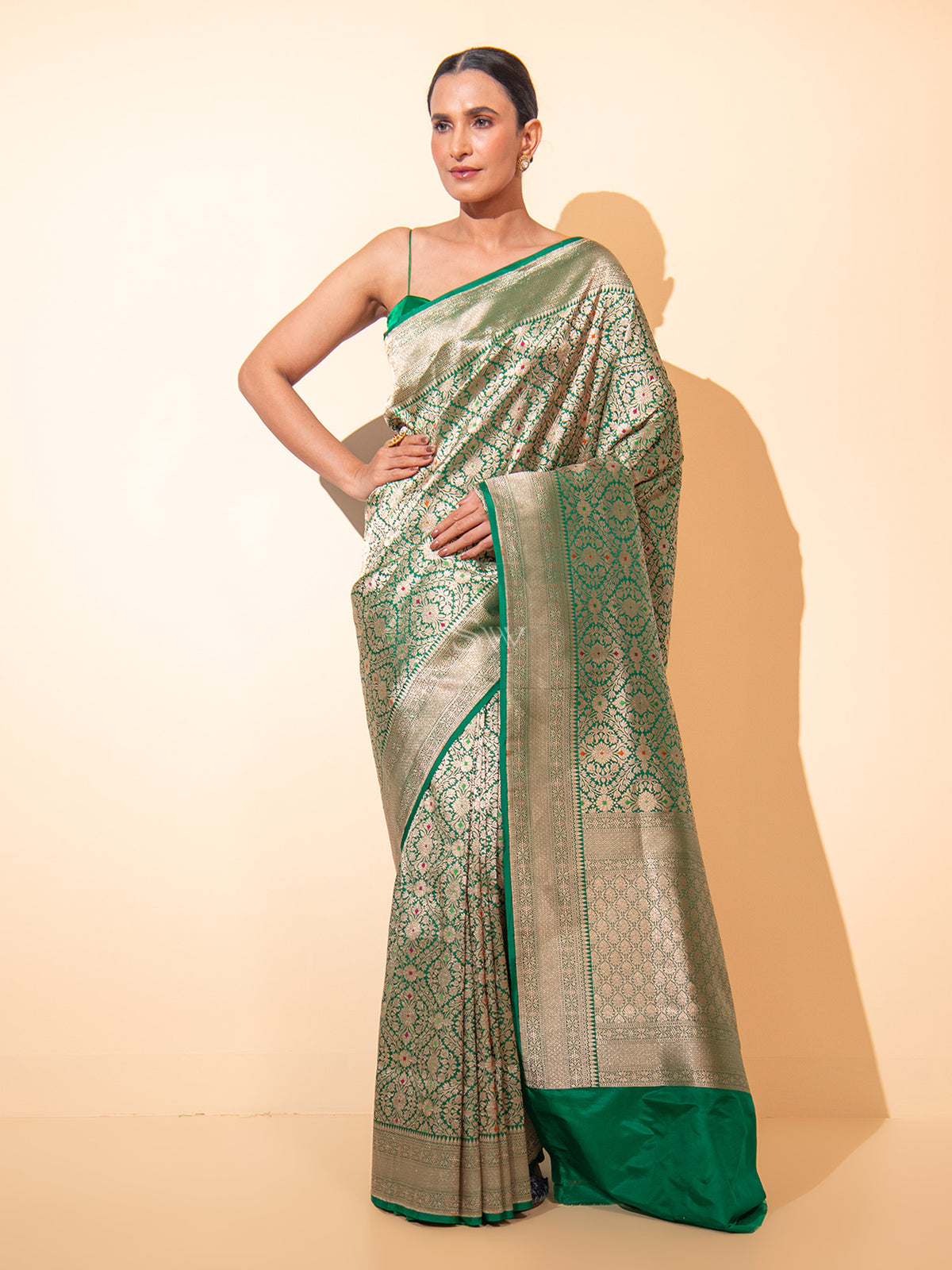 Bottle Green Meenakari Brocade Handloom Banarasi Saree - Sacred Weaves