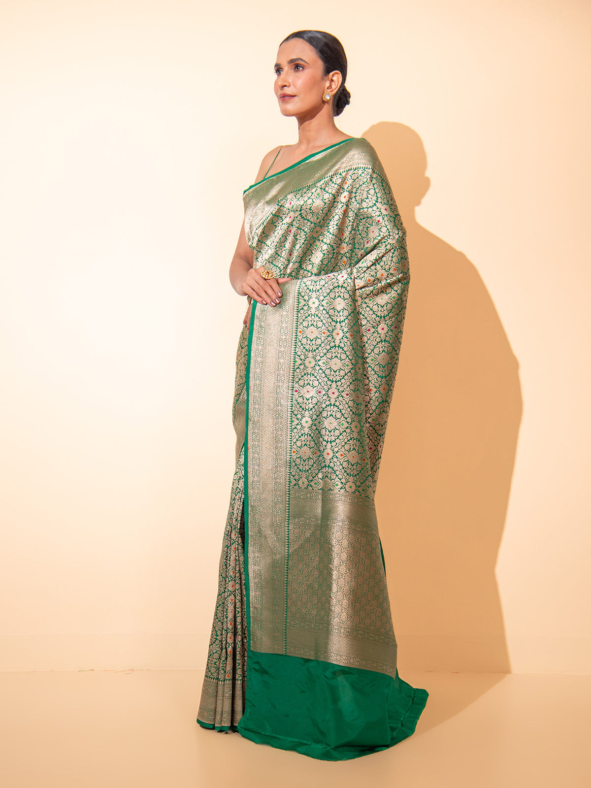 Bottle Green Meenakari Brocade Handloom Banarasi Saree - Sacred Weaves