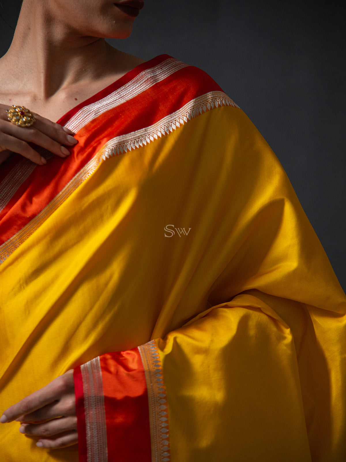 Yellow Plain Satin Silk Handloom Banarasi Saree - Sacred Weaves
