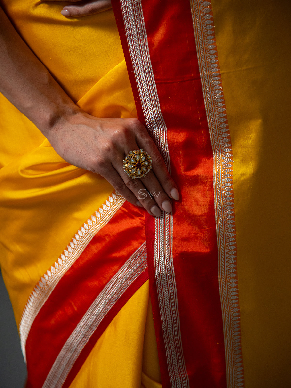 Yellow Plain Satin Silk Handloom Banarasi Saree - Sacred Weaves