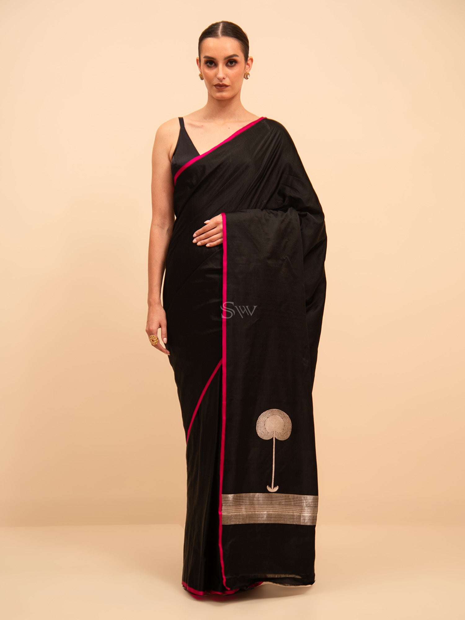 Black Plain Satin Silk Handloom Banarasi Saree - Sacred Weaves
