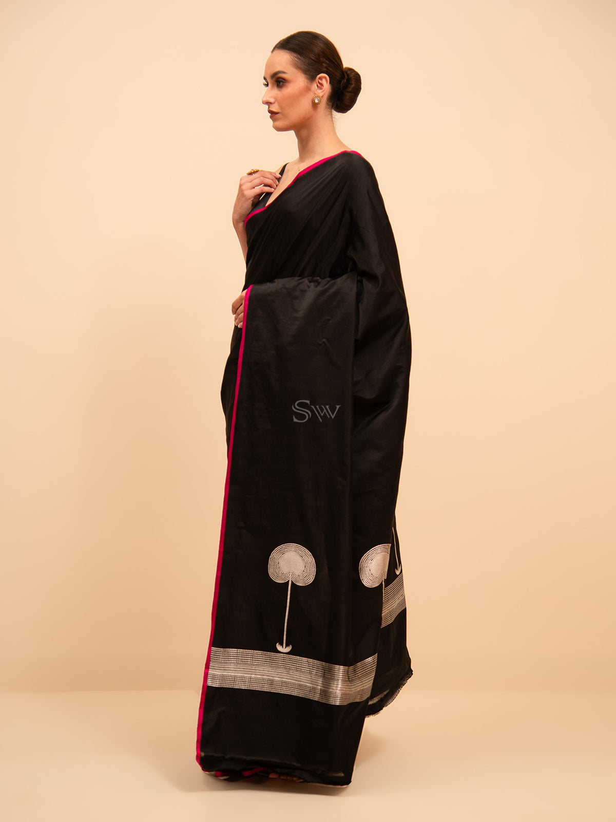 Black Plain Satin Silk Handloom Banarasi Saree - Sacred Weaves