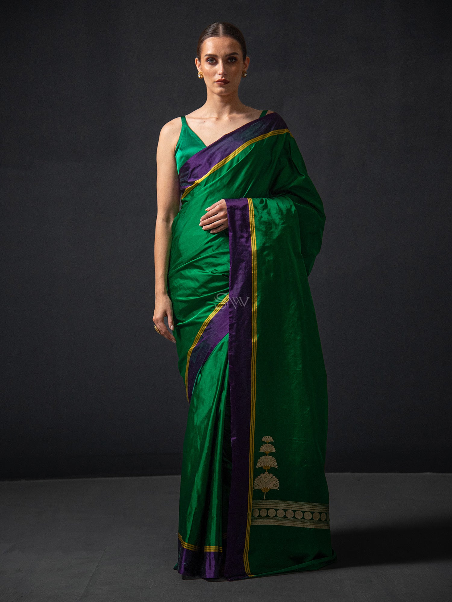 Bottle Green Plain Satin Silk Handloom Banarasi Saree - Sacred Weaves