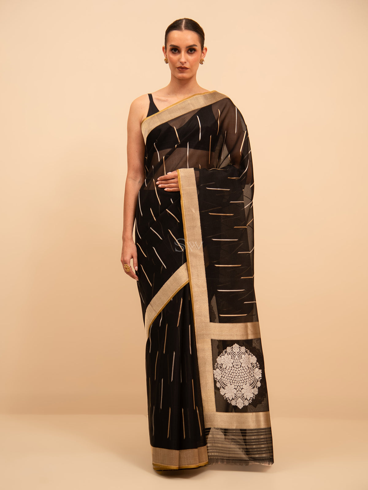 Black Stripe Organza Handloom Banarasi Saree - Sacred Weaves