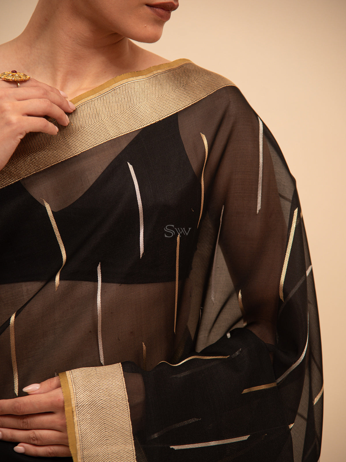 Black Stripe Organza Handloom Banarasi Saree - Sacred Weaves