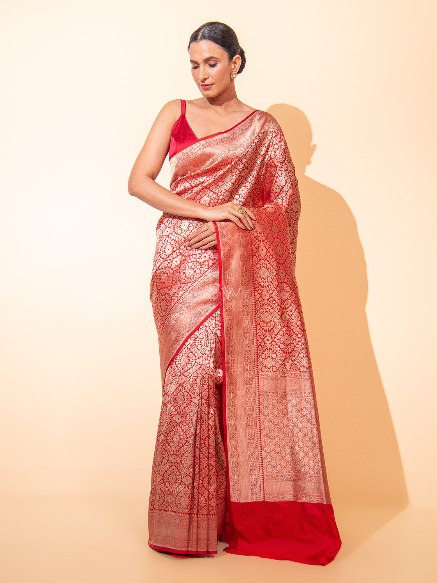 Red Meenakari Katan Silk Brocade Handloom Banarasi Saree - Sacred Weaves