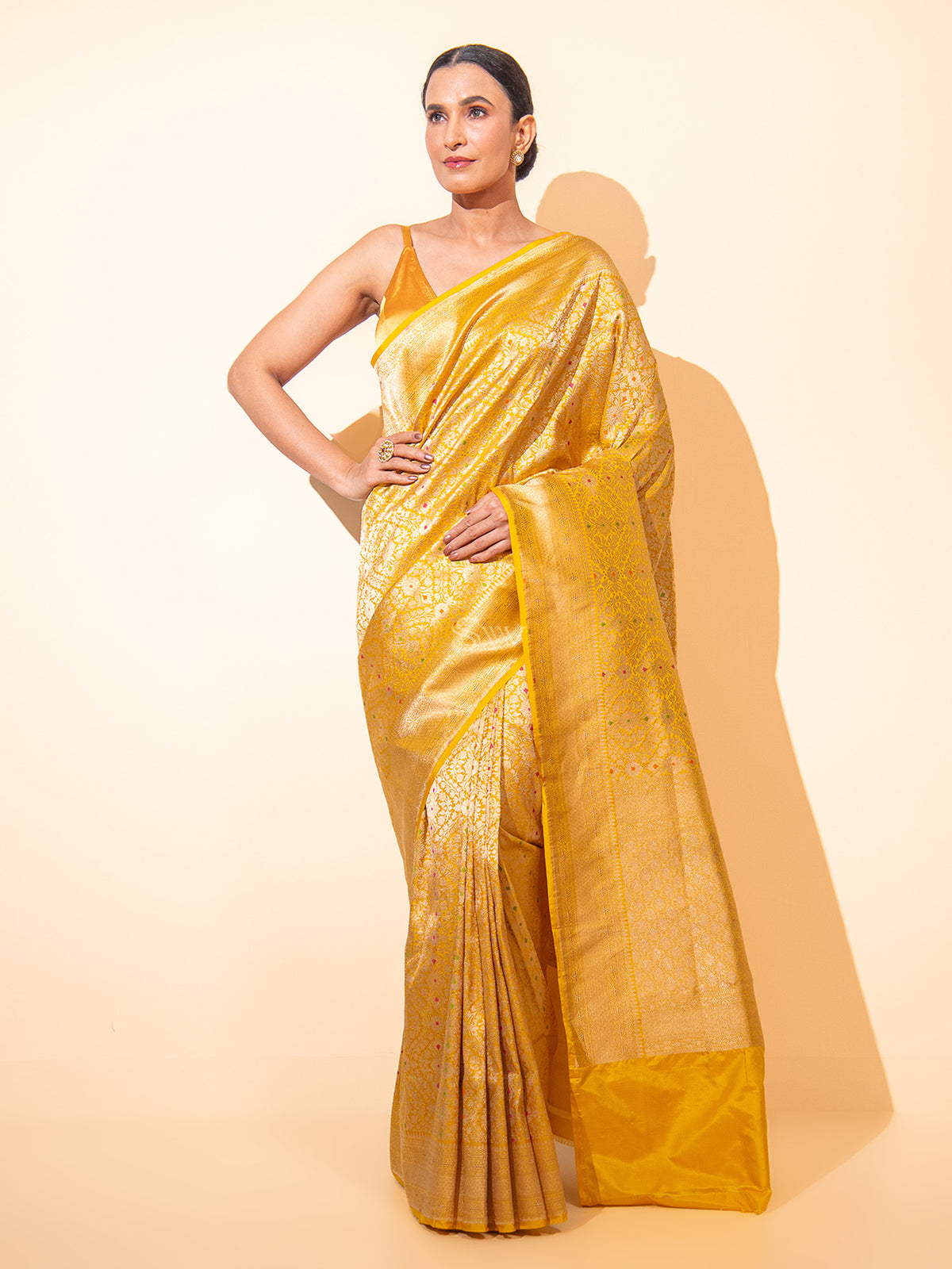 Mustard Meenakari Katan Silk Brocade Handloom Banarasi Saree - Sacred Weaves