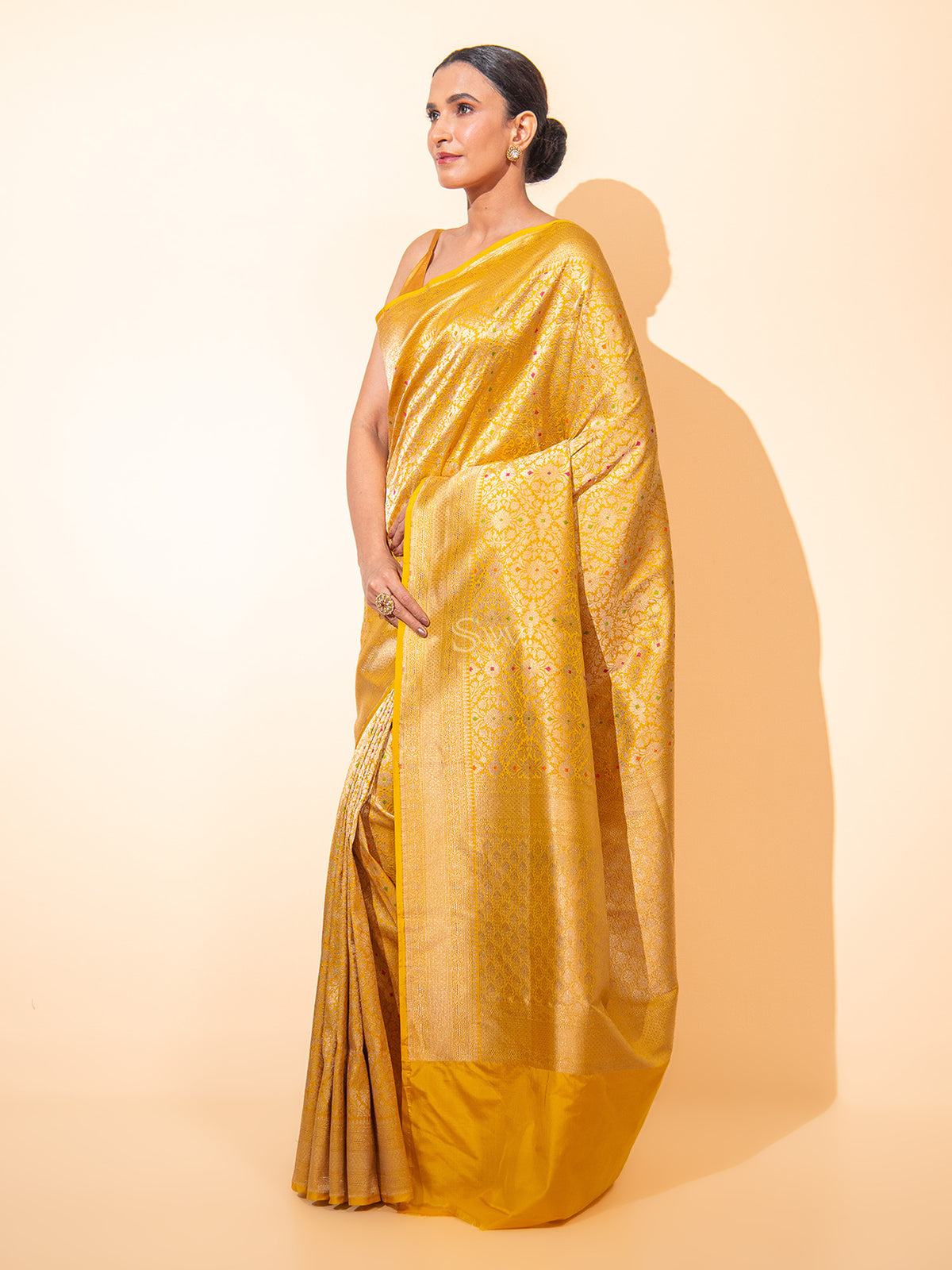 Mustard Meenakari Katan Silk Brocade Handloom Banarasi Saree - Sacred Weaves