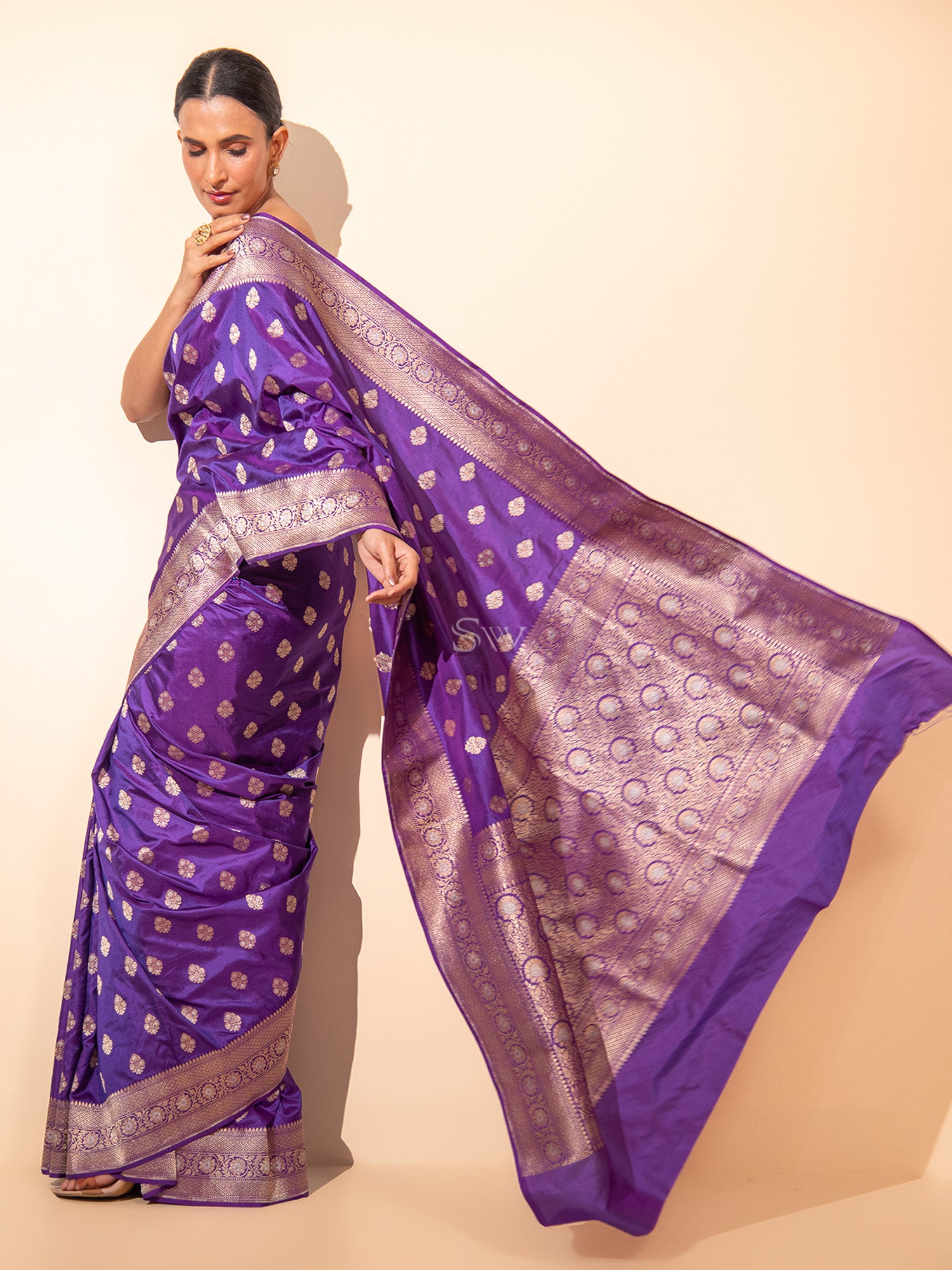 Purple Booti Katan Silk Uppada Handloom Banarasi Saree - Sacred Weaves