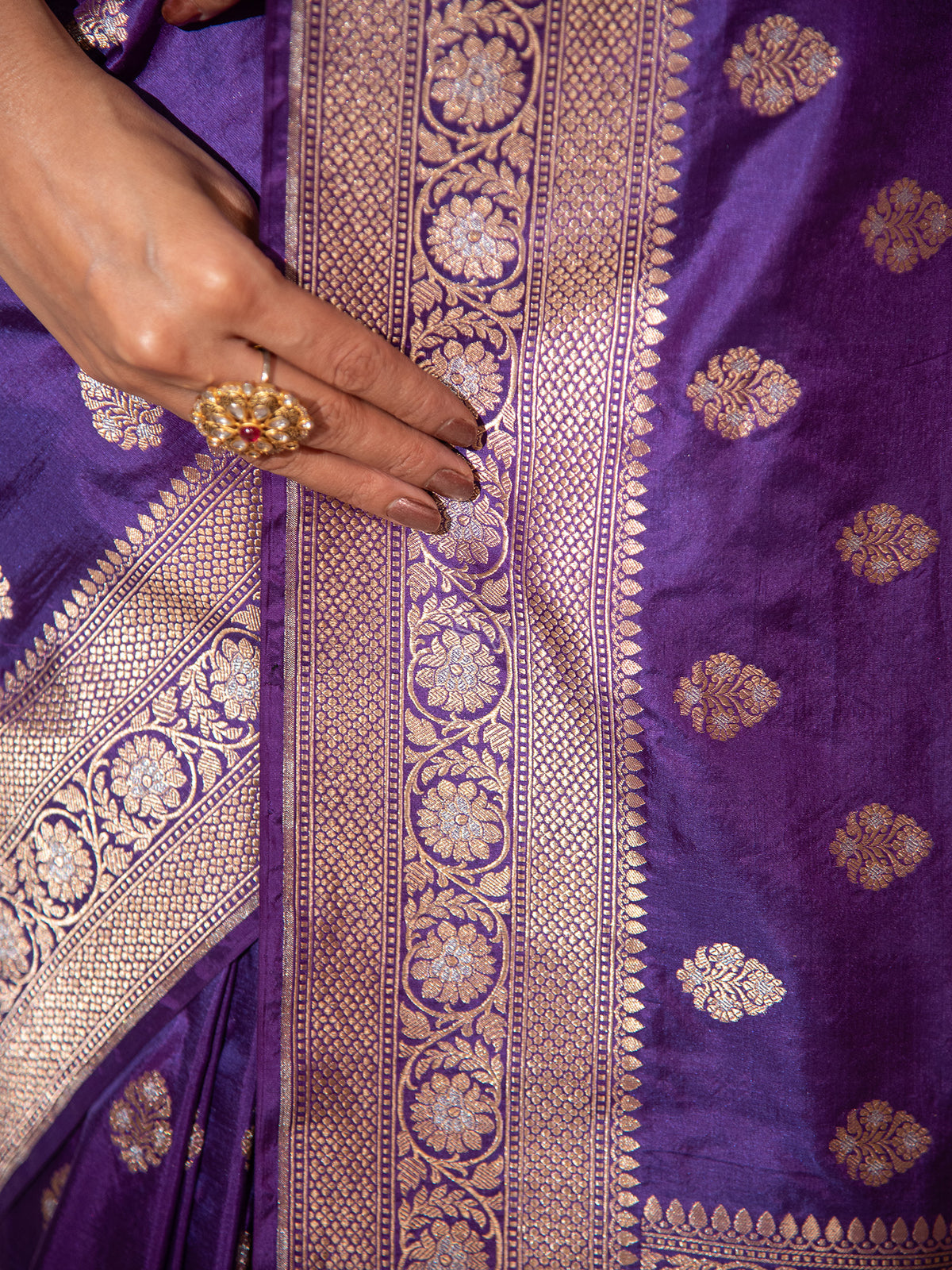 Purple Booti Katan Silk Uppada Handloom Banarasi Saree - Sacred Weaves