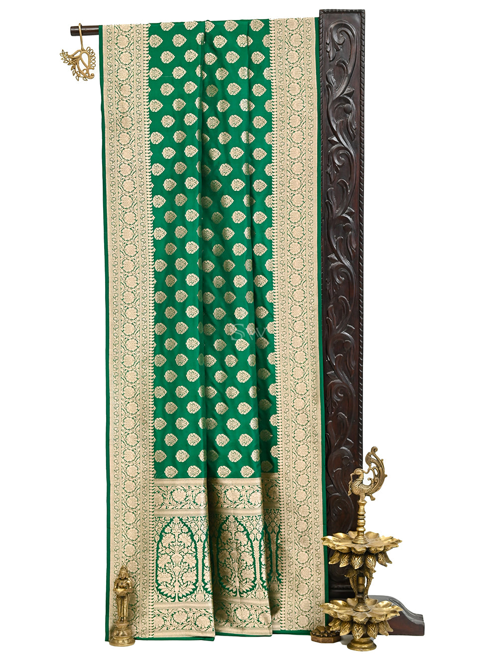 Bottle Green Boota Uppada Katan Silk Handloom Banarasi Saree - Sacred Weaves
