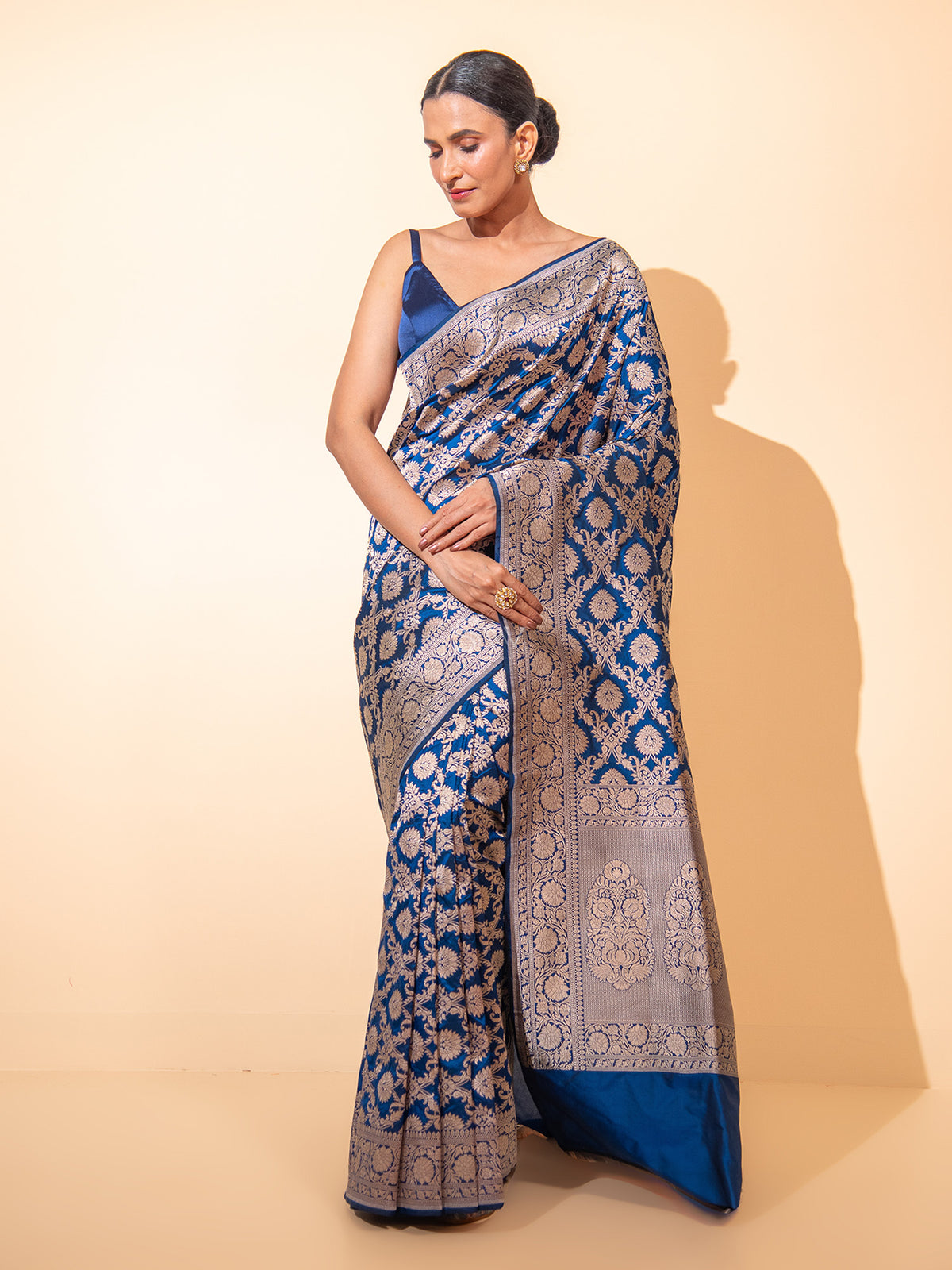 Midnight Blue Uppada Katan Silk Handloom Banarasi Saree - Sacred Weaves