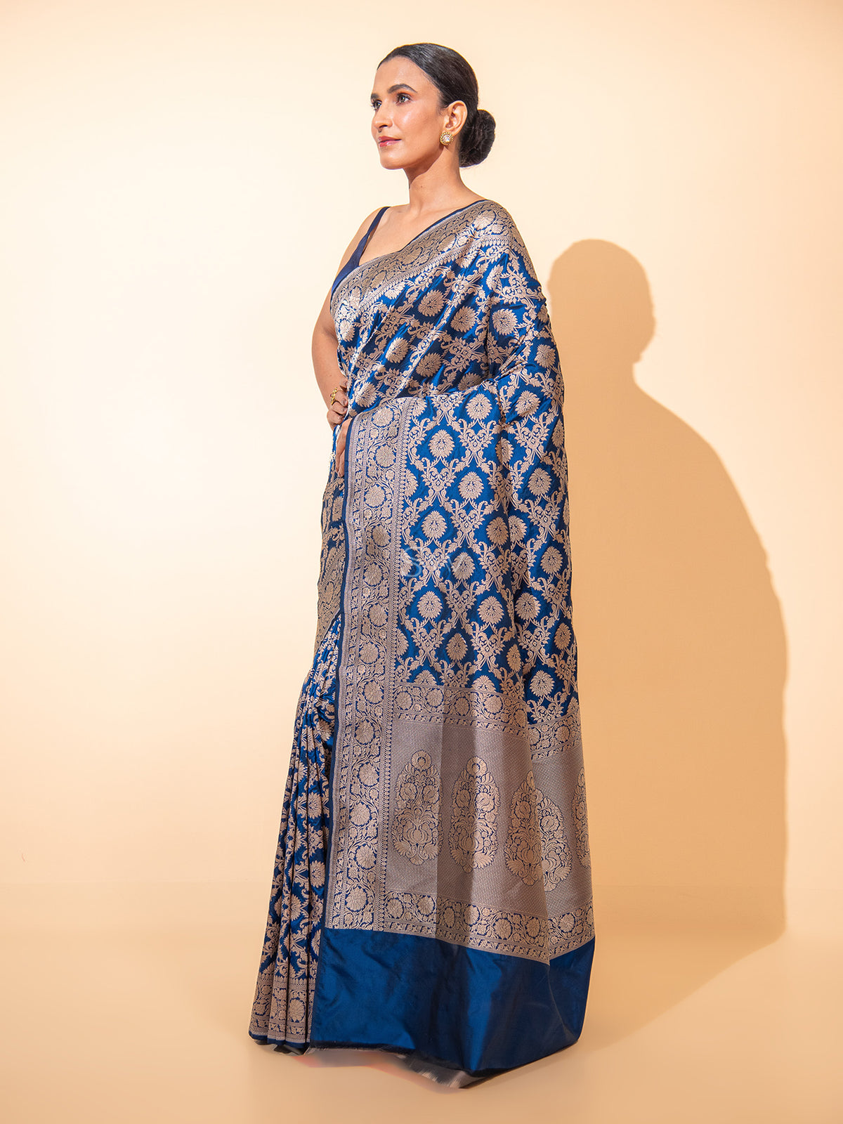 Midnight Blue Uppada Katan Silk Handloom Banarasi Saree - Sacred Weaves