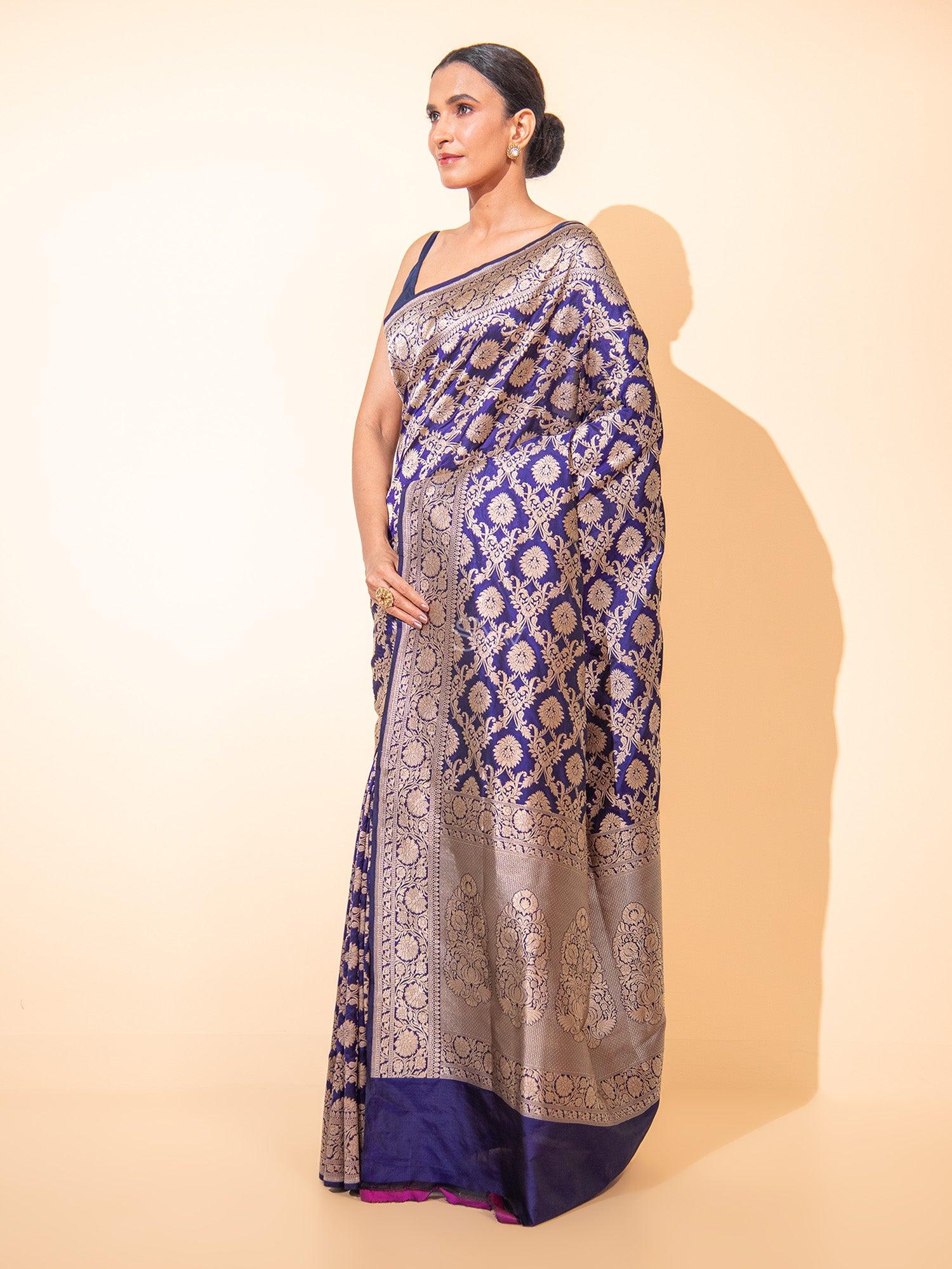 Dark Blue Uppada Katan Silk Handloom Banarasi Saree - Sacred Weaves