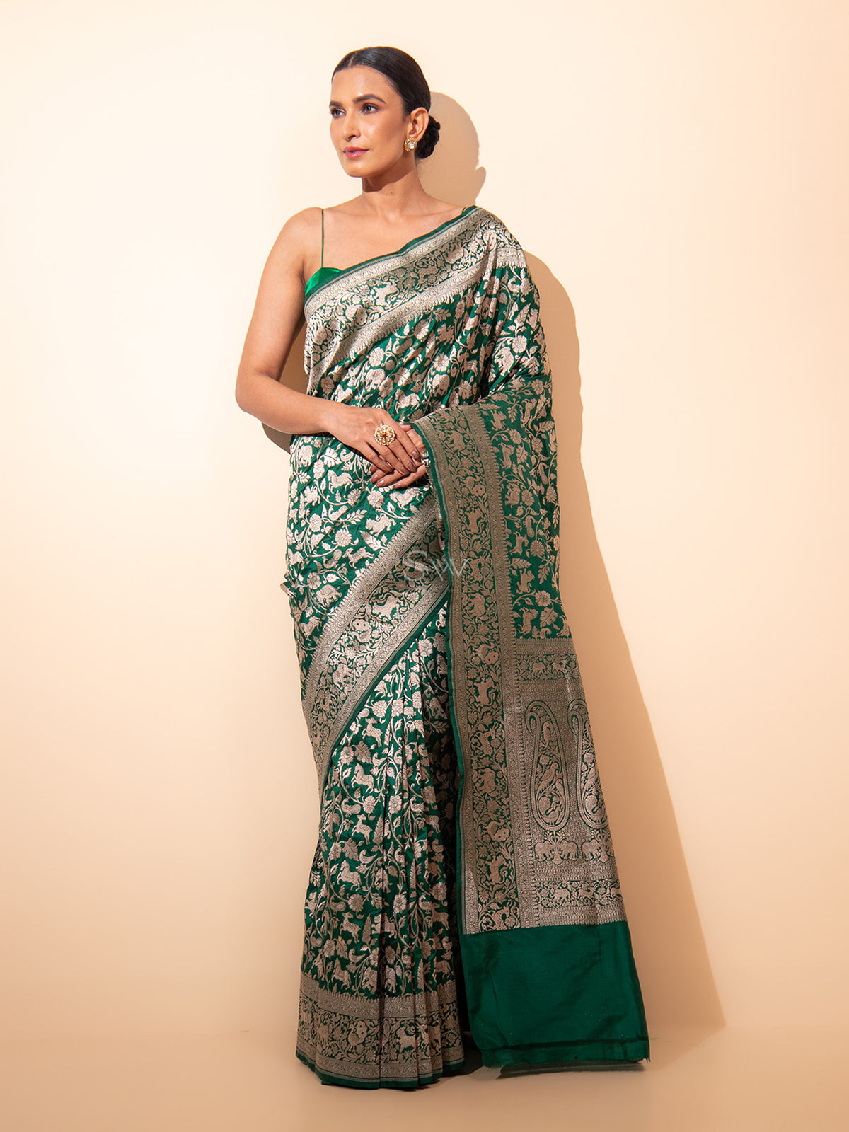 Botte Green Shikargah Brocade Handloom Banarasi Saree - Sacred Weaves