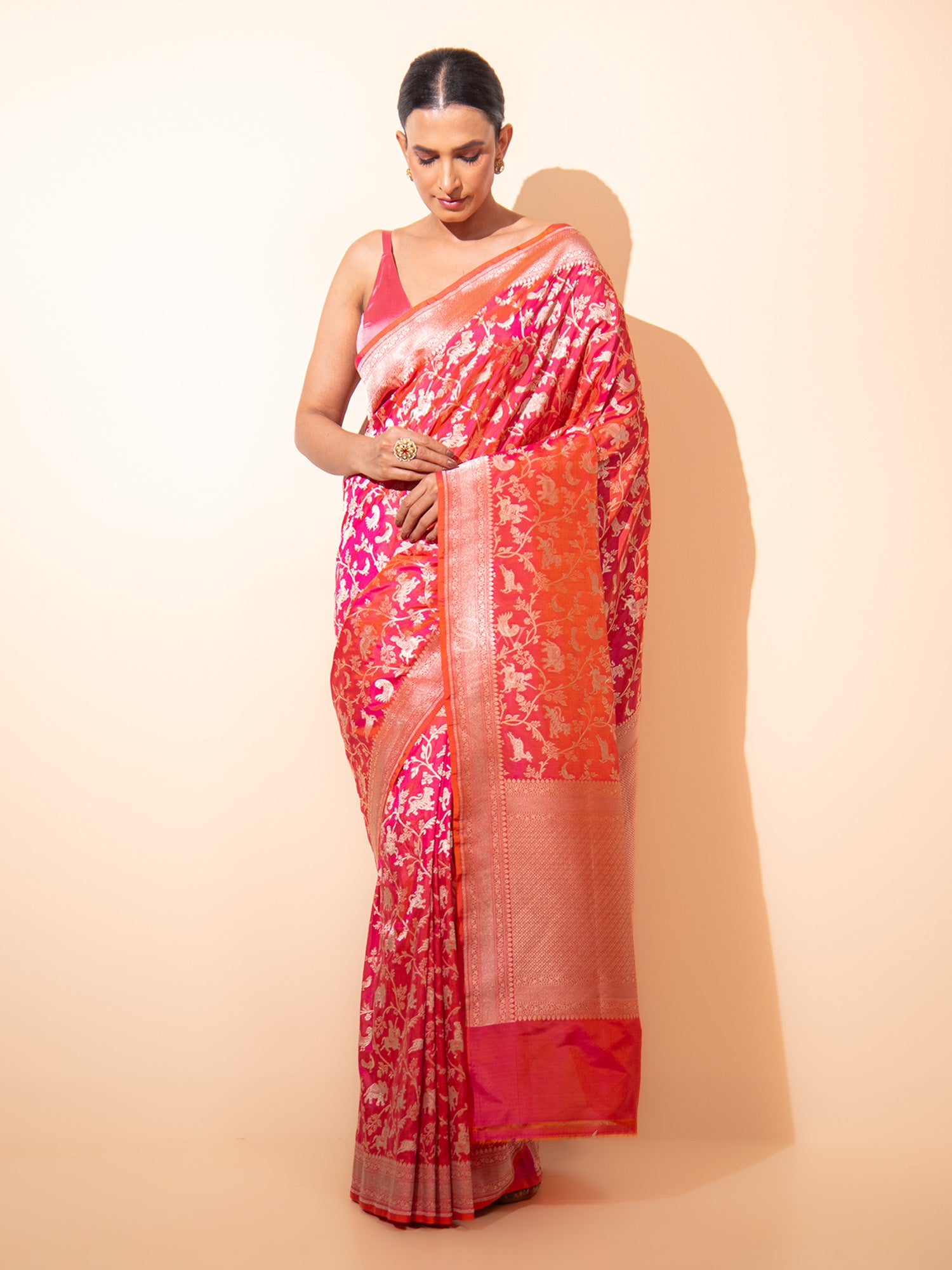 Pink Orange Shikargah Katan Silk Handloom Banarasi Saree - Sacred Weaves