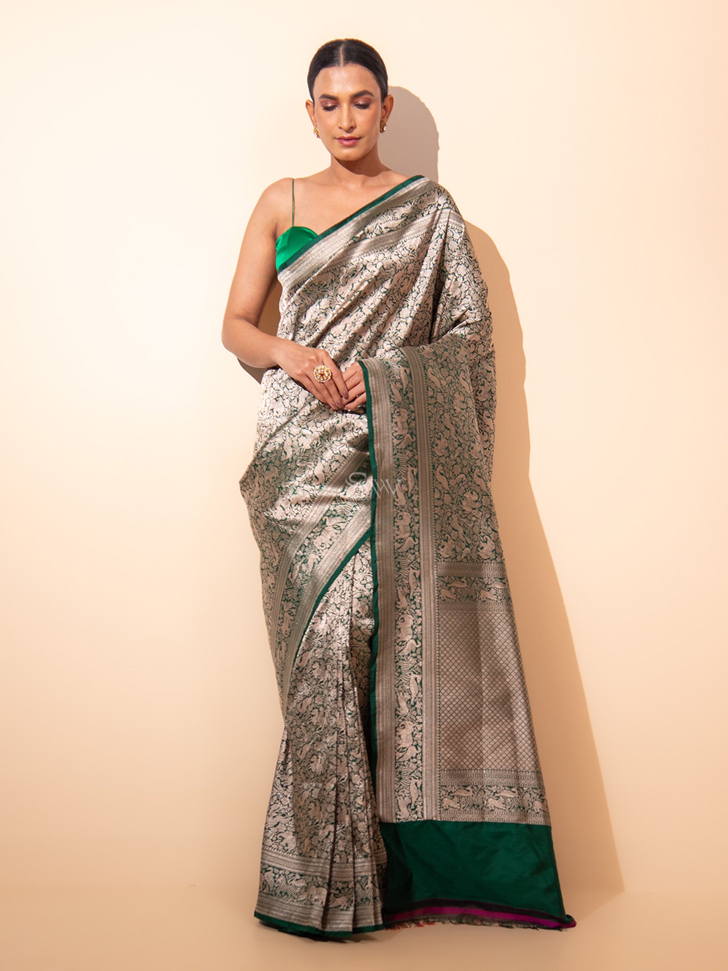 Bottle Green Shikargah Brocade Handloom Banarasi Saree - Sacred Weaves