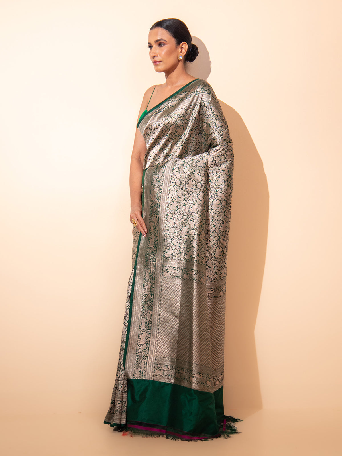 Bottle Green Shikargah Brocade Handloom Banarasi Saree - Sacred Weaves