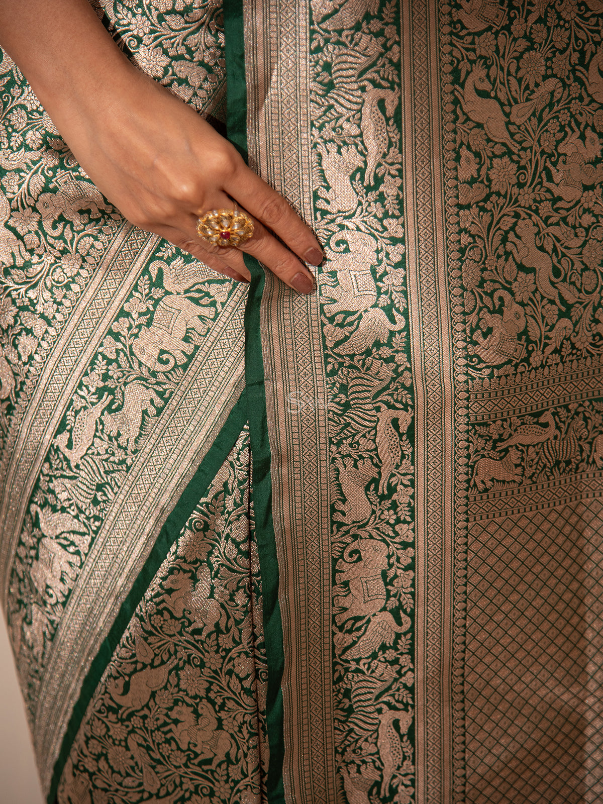 Bottle Green Shikargah Brocade Handloom Banarasi Saree - Sacred Weaves