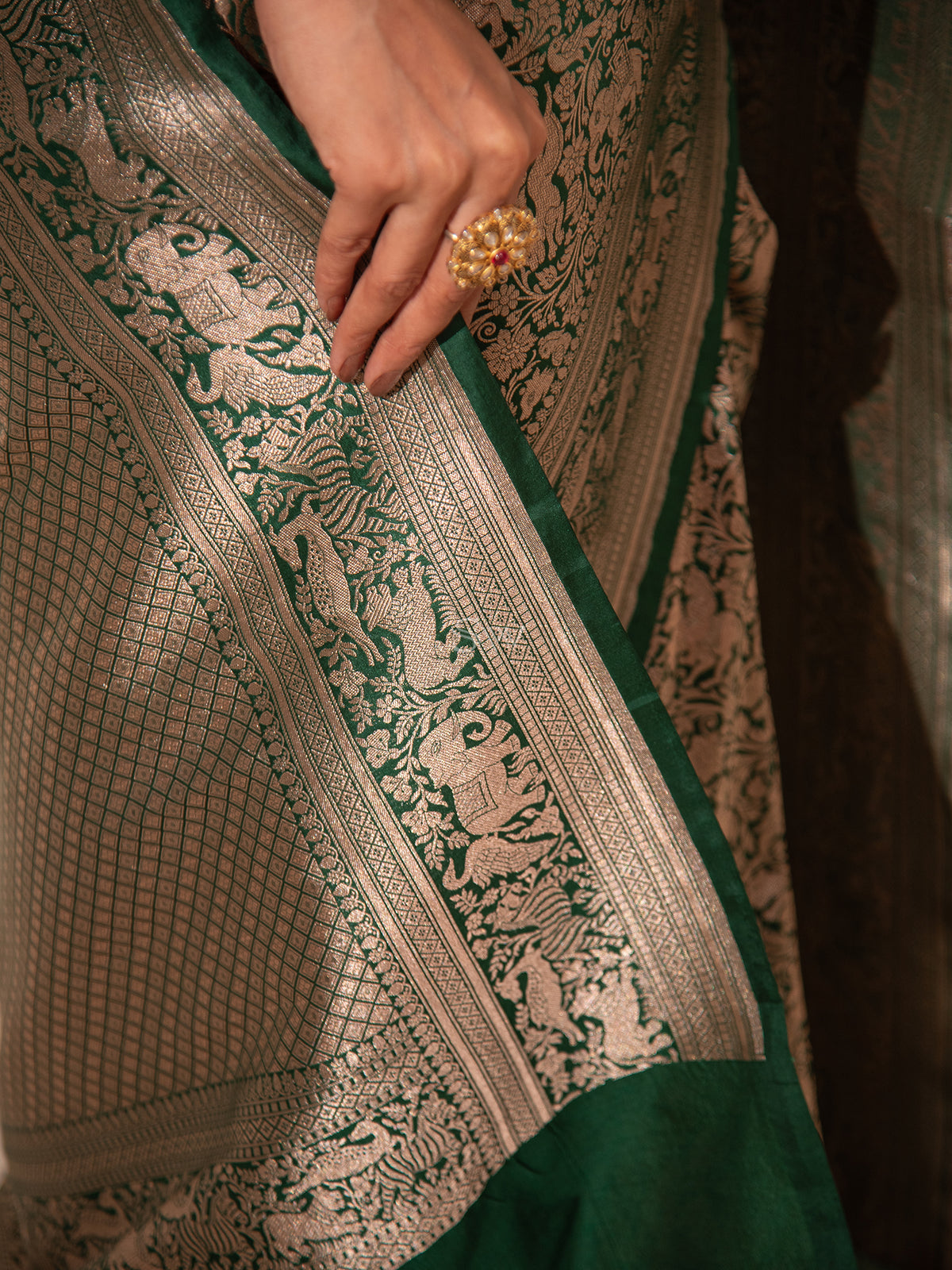 Bottle Green Shikargah Brocade Handloom Banarasi Saree - Sacred Weaves