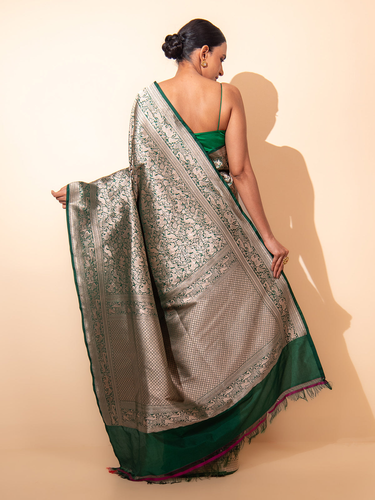 Bottle Green Shikargah Brocade Handloom Banarasi Saree - Sacred Weaves