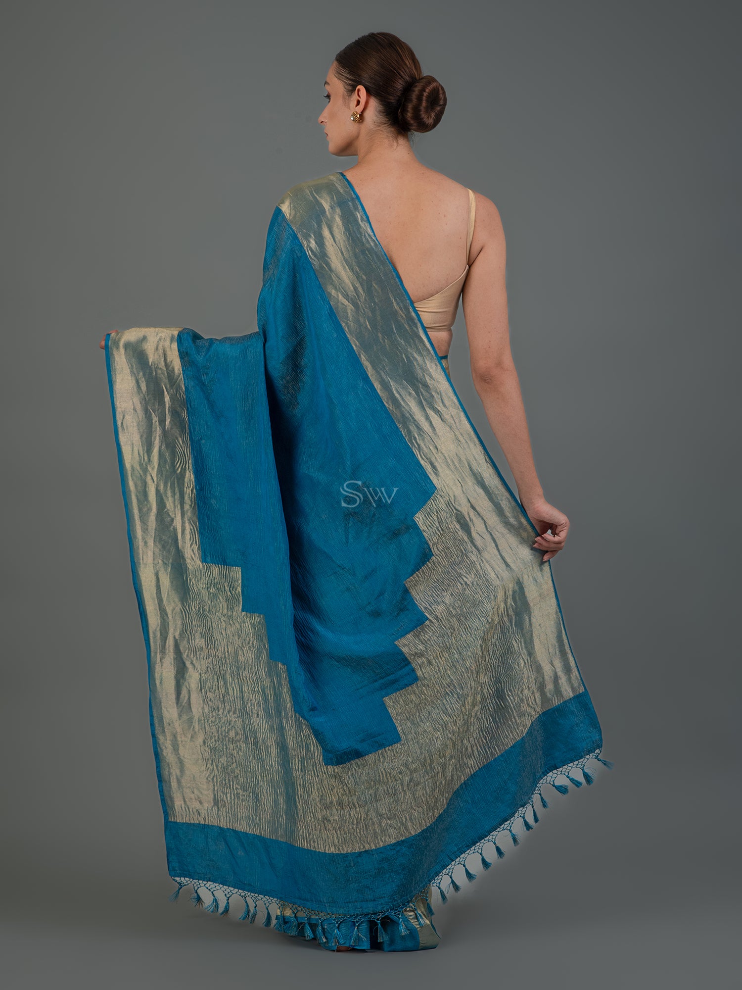 Royal Blue Crush Tissue Silk Handloom Banarasi Saree - Sacred Weaves