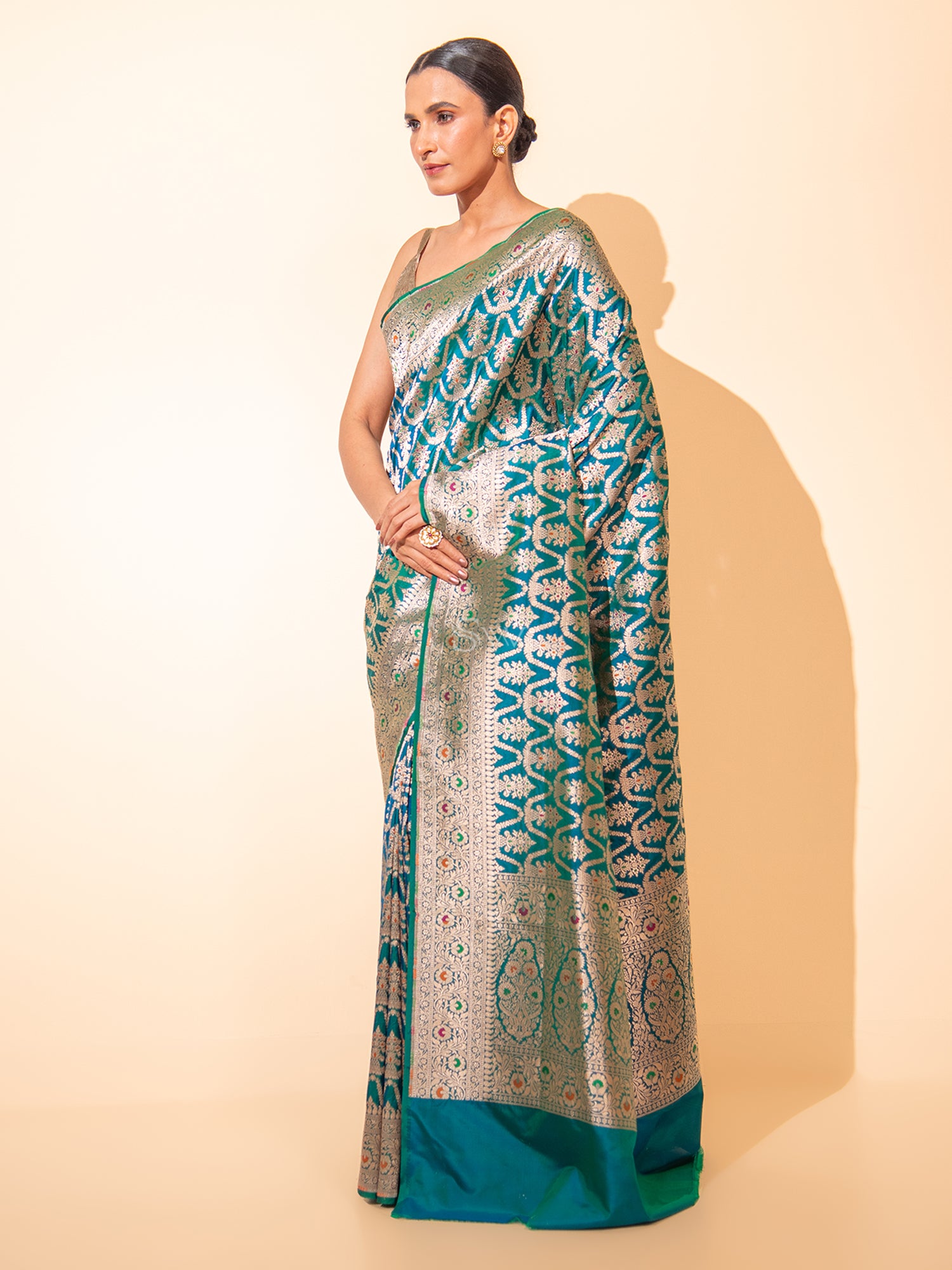 Peacock Blue Meenakari Uppada Katan Silk Handloom Banarasi Saree - Sacred Weaves