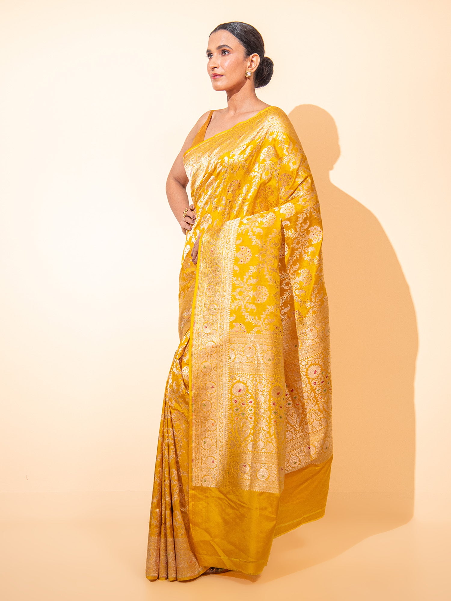 Yellow Meenakari Uppada Katan Silk Handloom Banarasi Saree - Sacred Weaves