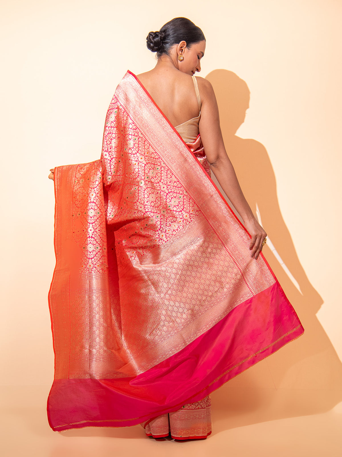 Pink Orange Meenakari Brocade Handloom Banarasi Saree - Sacred Weaves