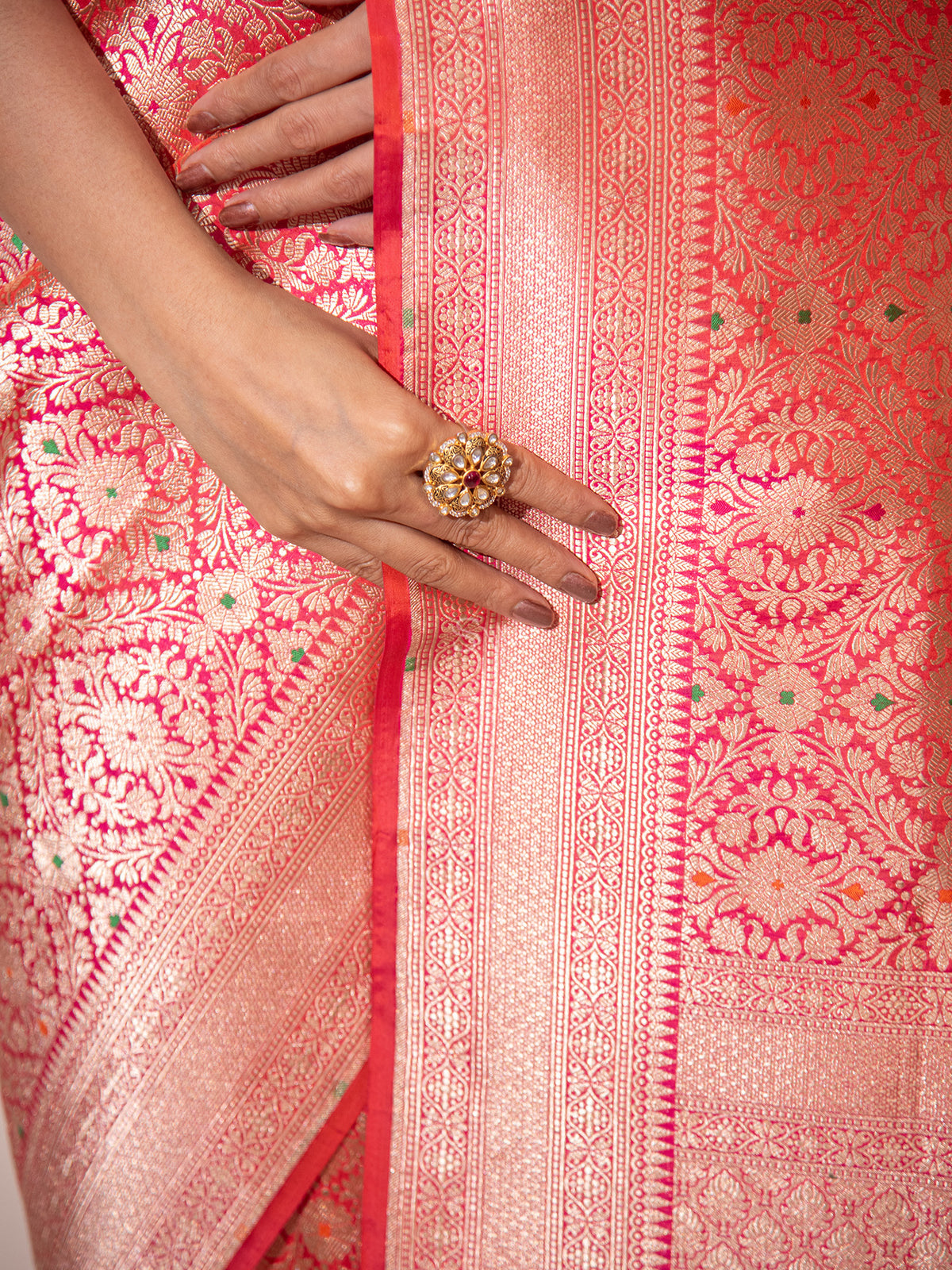 Pink Orange Meenakari Brocade Handloom Banarasi Saree - Sacred Weaves