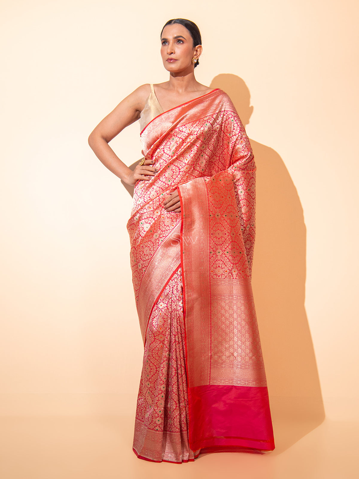 Pink Orange Meenakari Brocade Handloom Banarasi Saree - Sacred Weaves