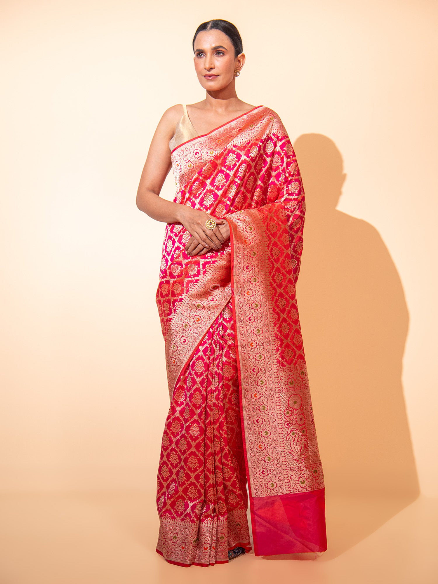 Pink Orange Meenakari Uppada Katan Silk Handloom Banarasi Saree - Sacred Weaves