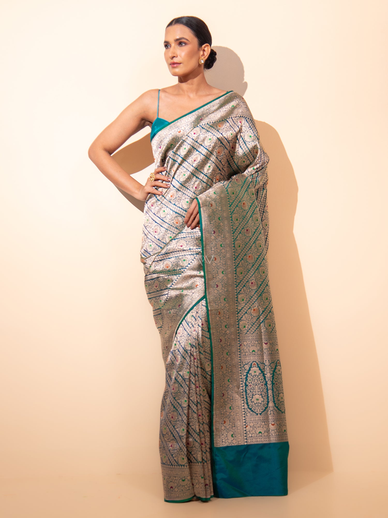 Teal Green Meenakari Brocade Handloom Banarasi Saree - Sacred Weaves