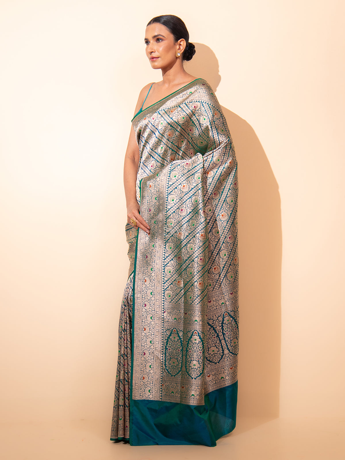 Teal Green Meenakari Brocade Handloom Banarasi Saree - Sacred Weaves