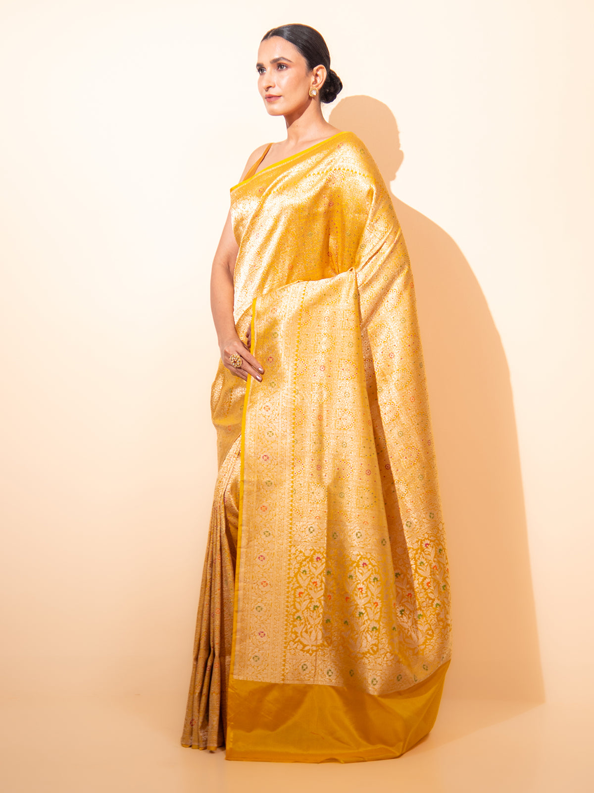 Mustard Meenakari Brocade Handloom Banarasi Saree - Sacred Weaves