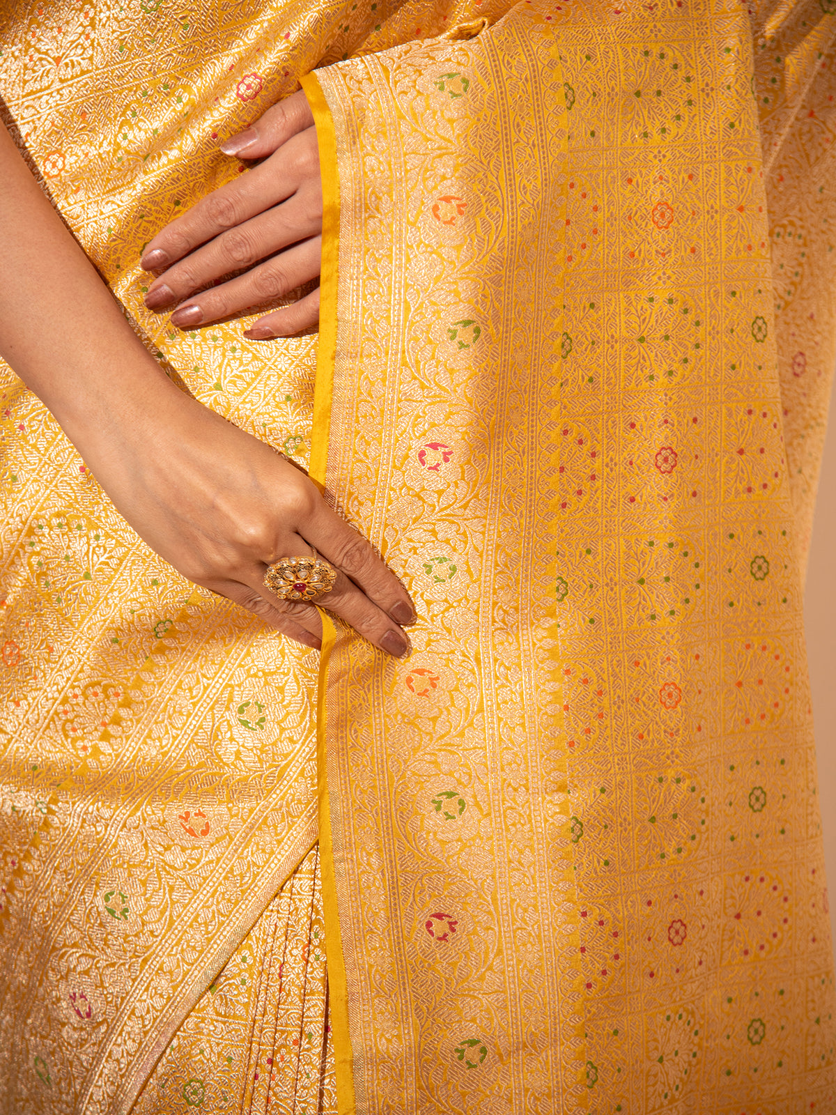 Mustard Meenakari Brocade Handloom Banarasi Saree - Sacred Weaves