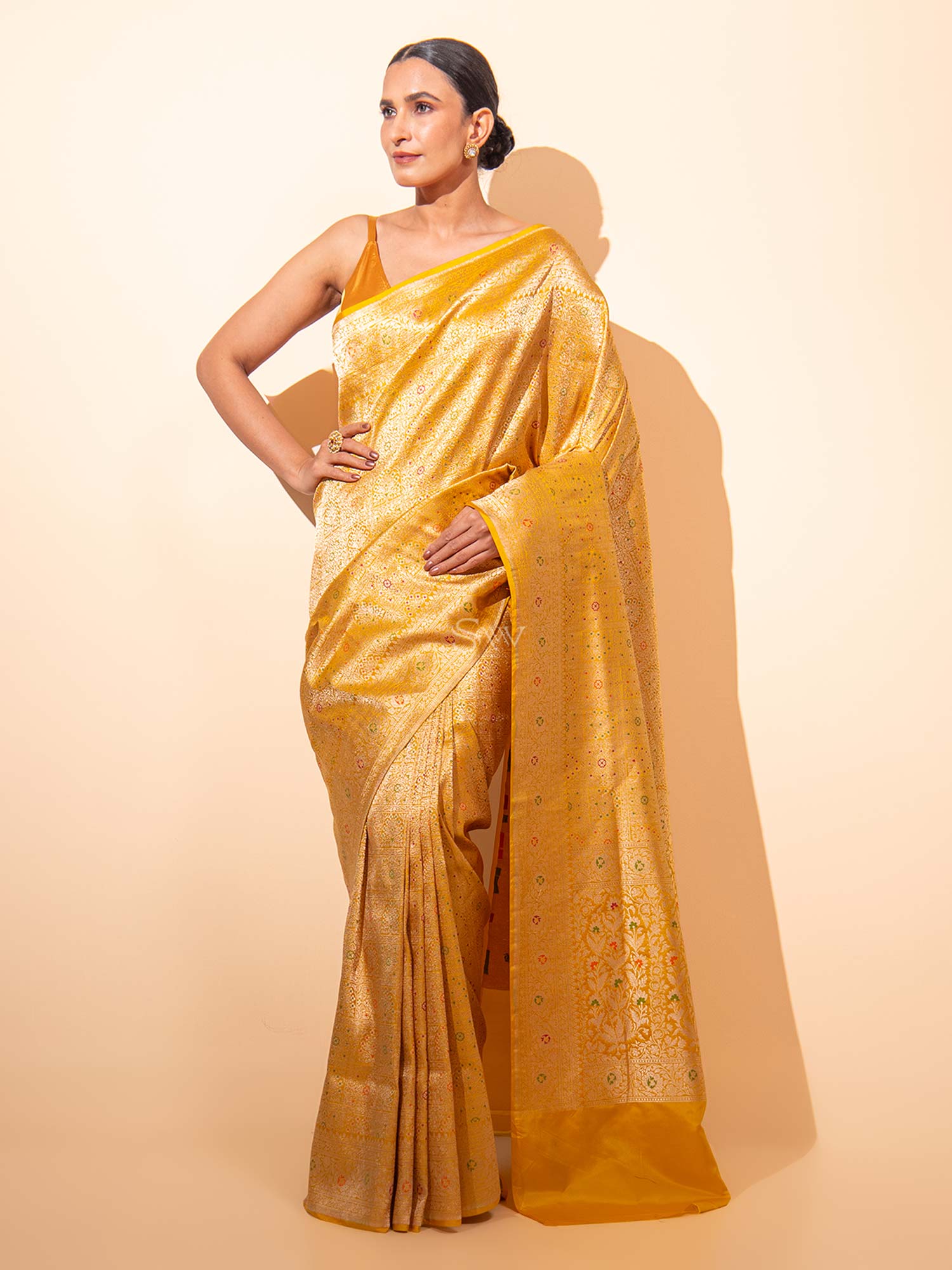 Mustard Meenakari Brocade Handloom Banarasi Saree - Sacred Weaves