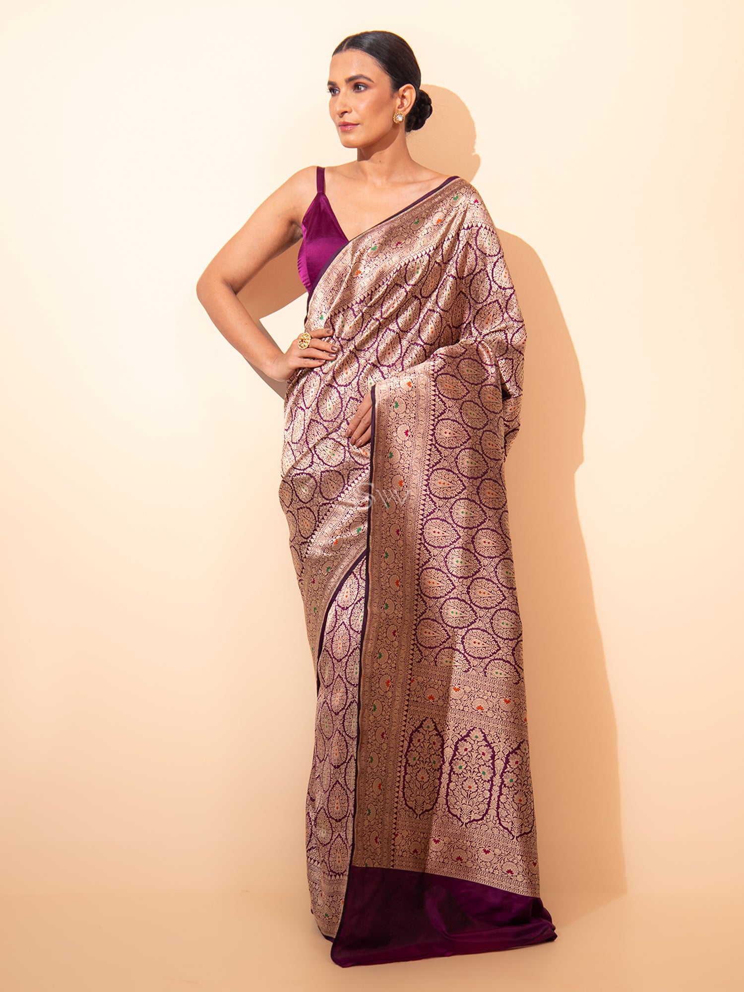 Wine Meenakari Brocade Handloom Banarasi Saree - Sacred Weaves