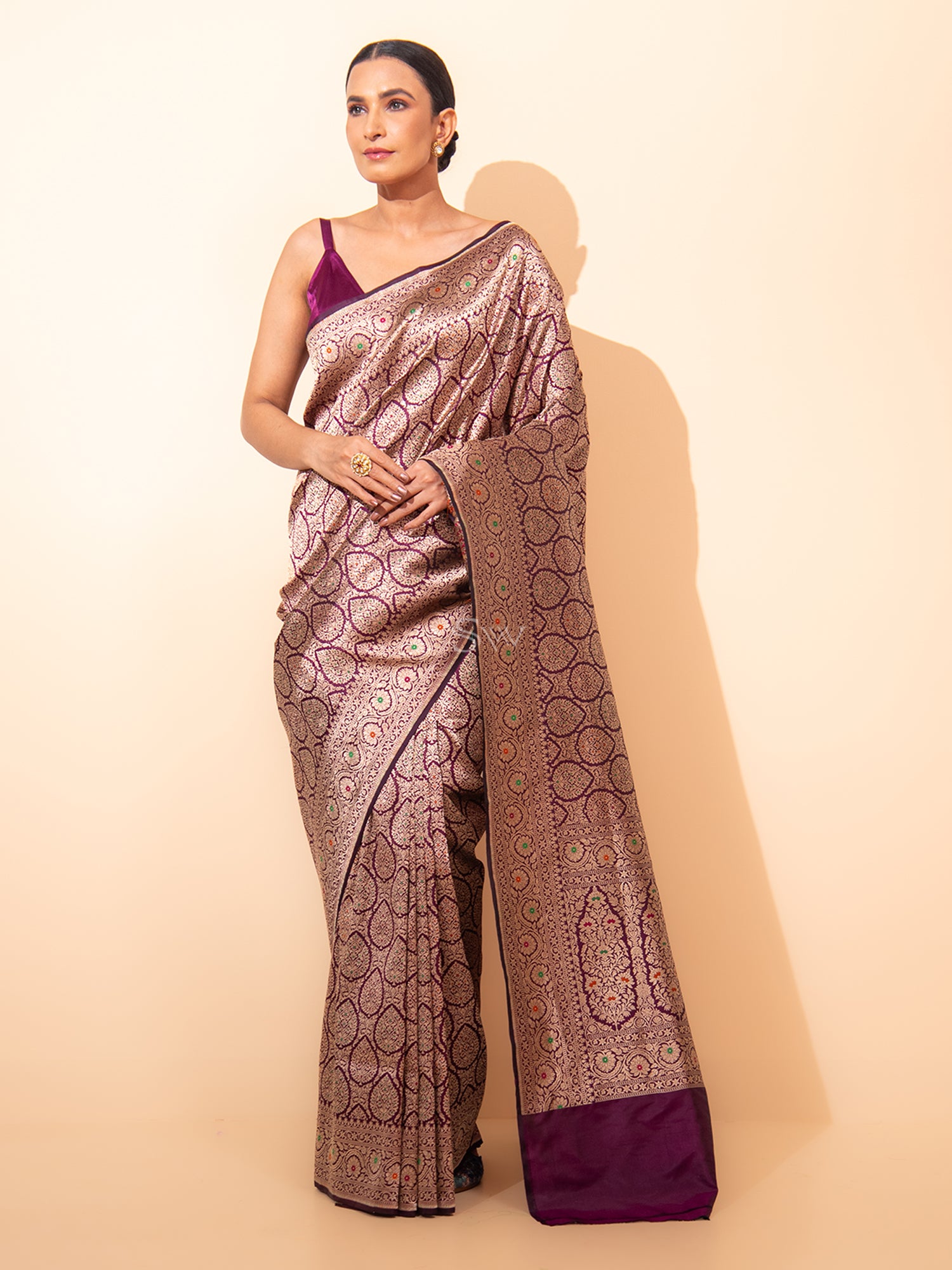 Wine Meenakari Brocade Handloom Banarasi Saree - Sacred Weaves