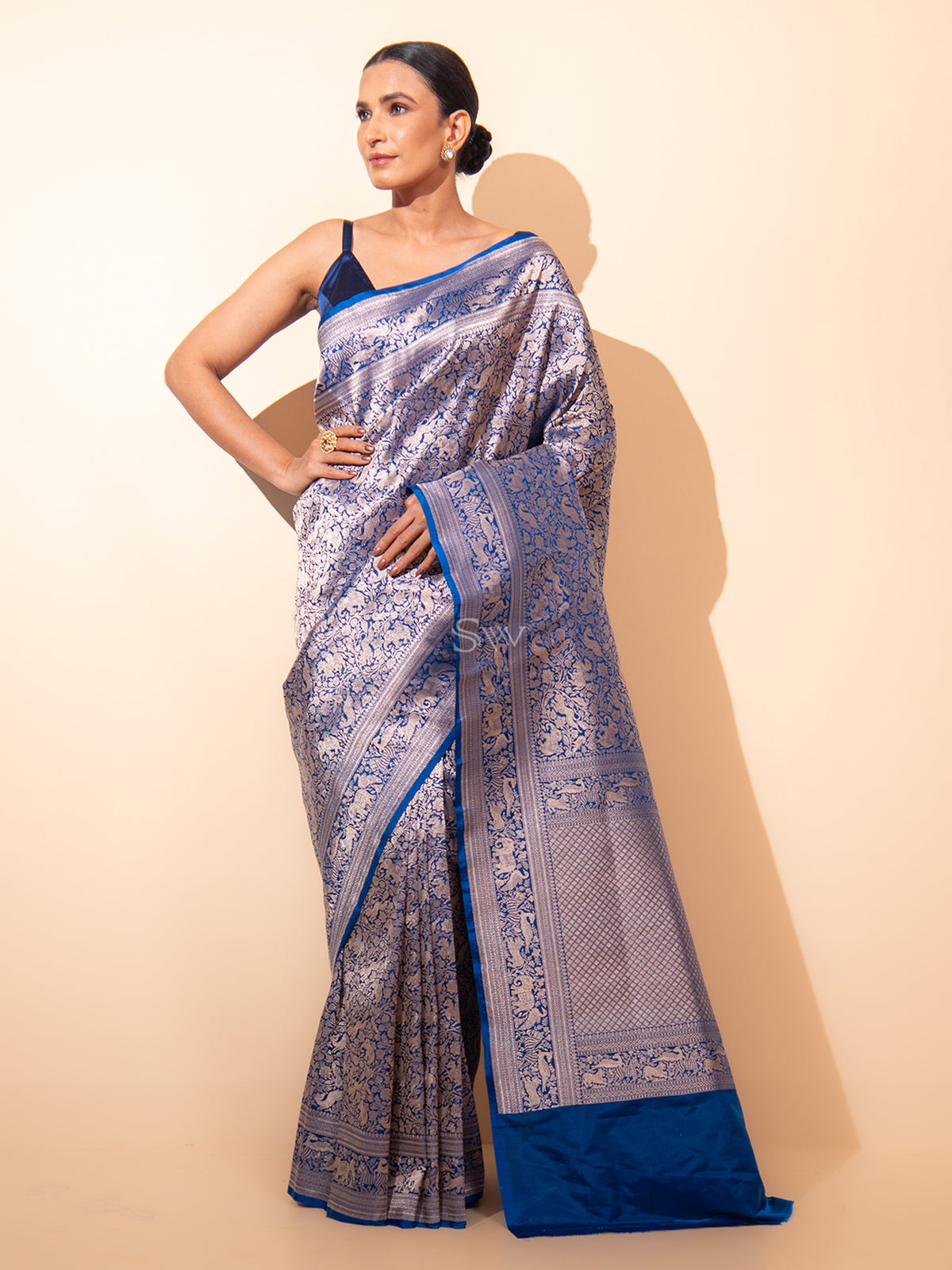 Midnight Blue Shikargah Brocade Katan Silk Handloom Banarasi Saree - Sacred Weaves