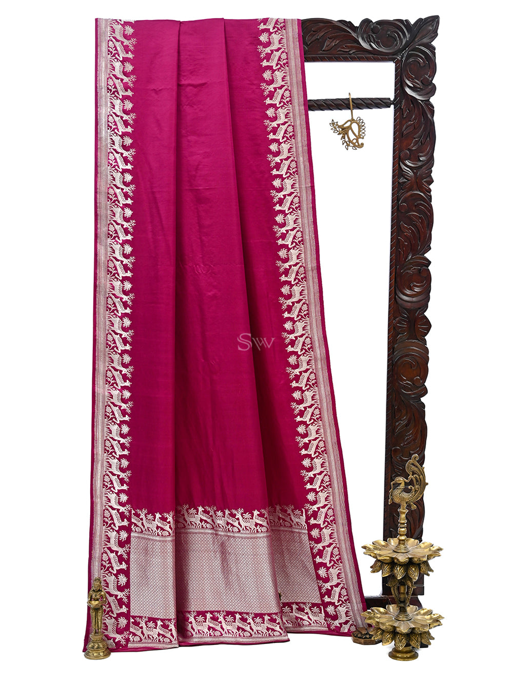 Dark Magenta Shikargah Satin Silk Handloom Banarasi Saree