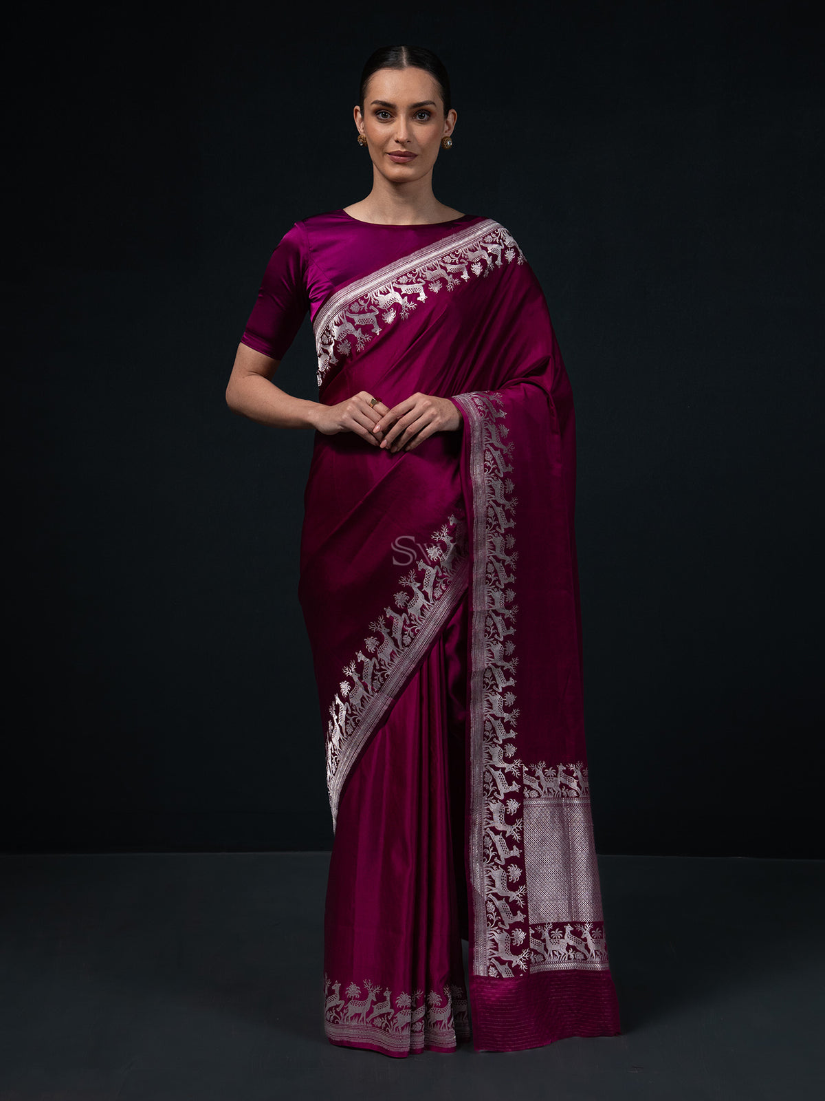 Dark Magenta Shikargah Satin Silk Handloom Banarasi Saree