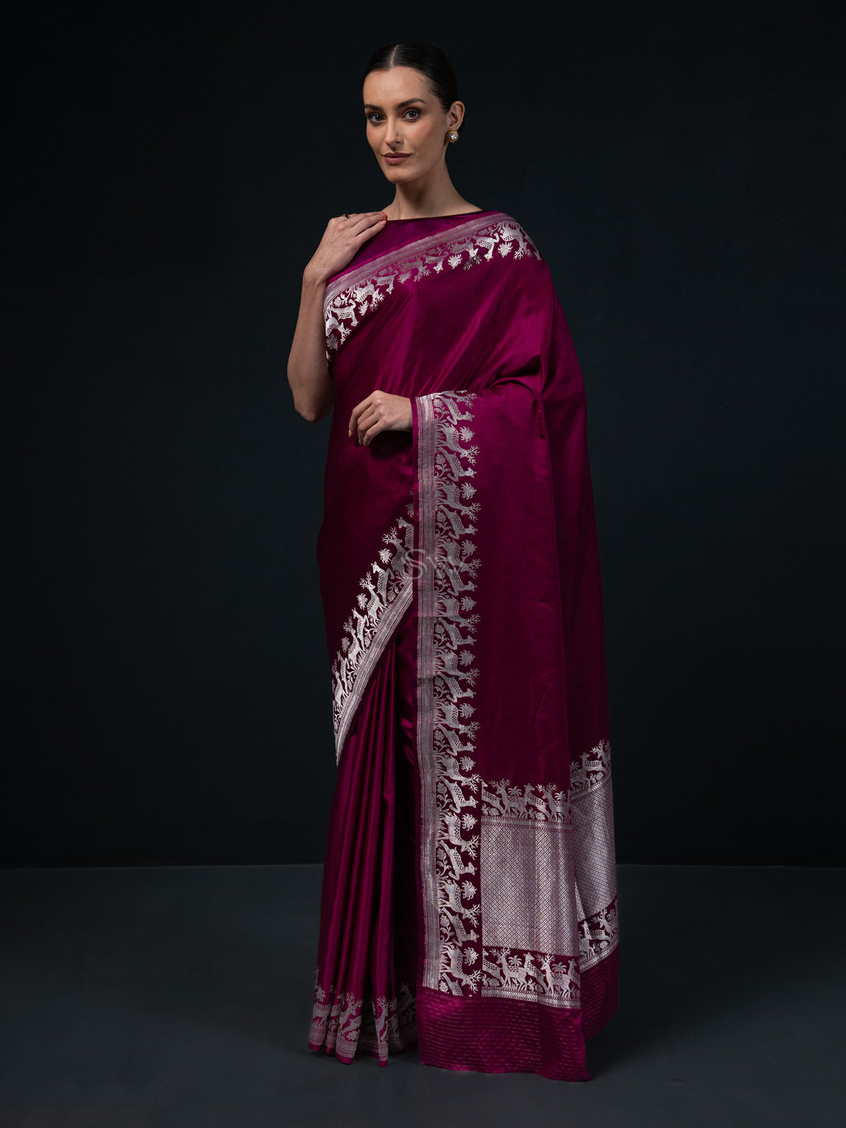 Dark Magenta Shikargah Satin Silk Handloom Banarasi Saree - Sacred Weaves