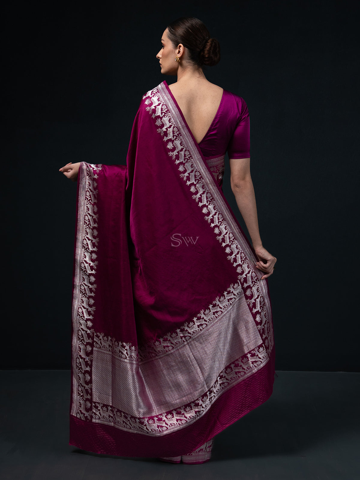 Dark Magenta Shikargah Satin Silk Handloom Banarasi Saree - Sacred Weaves