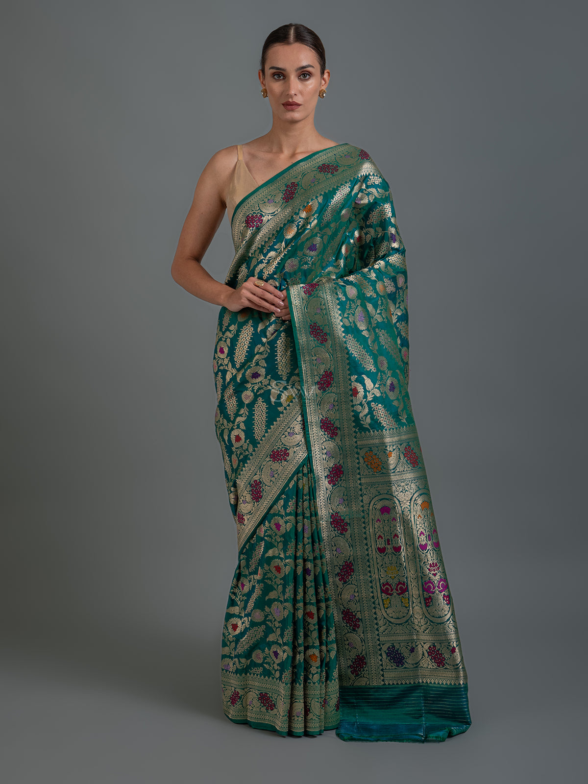 Teal Green Meenakari Katan Silk Handloom Banarasi Saree - Sacred Weaves