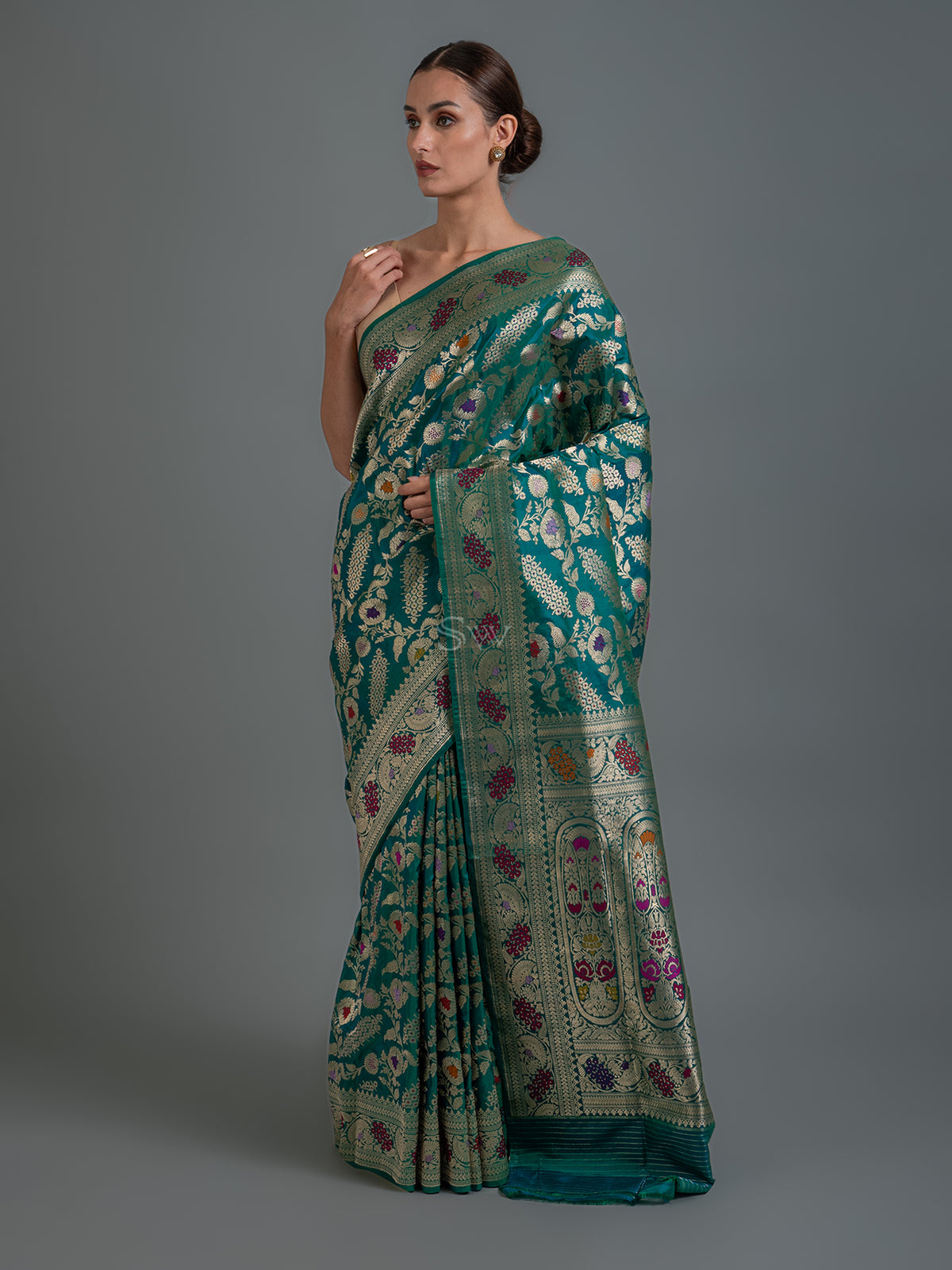 Teal Green Meenakari Katan Silk Handloom Banarasi Saree - Sacred Weaves